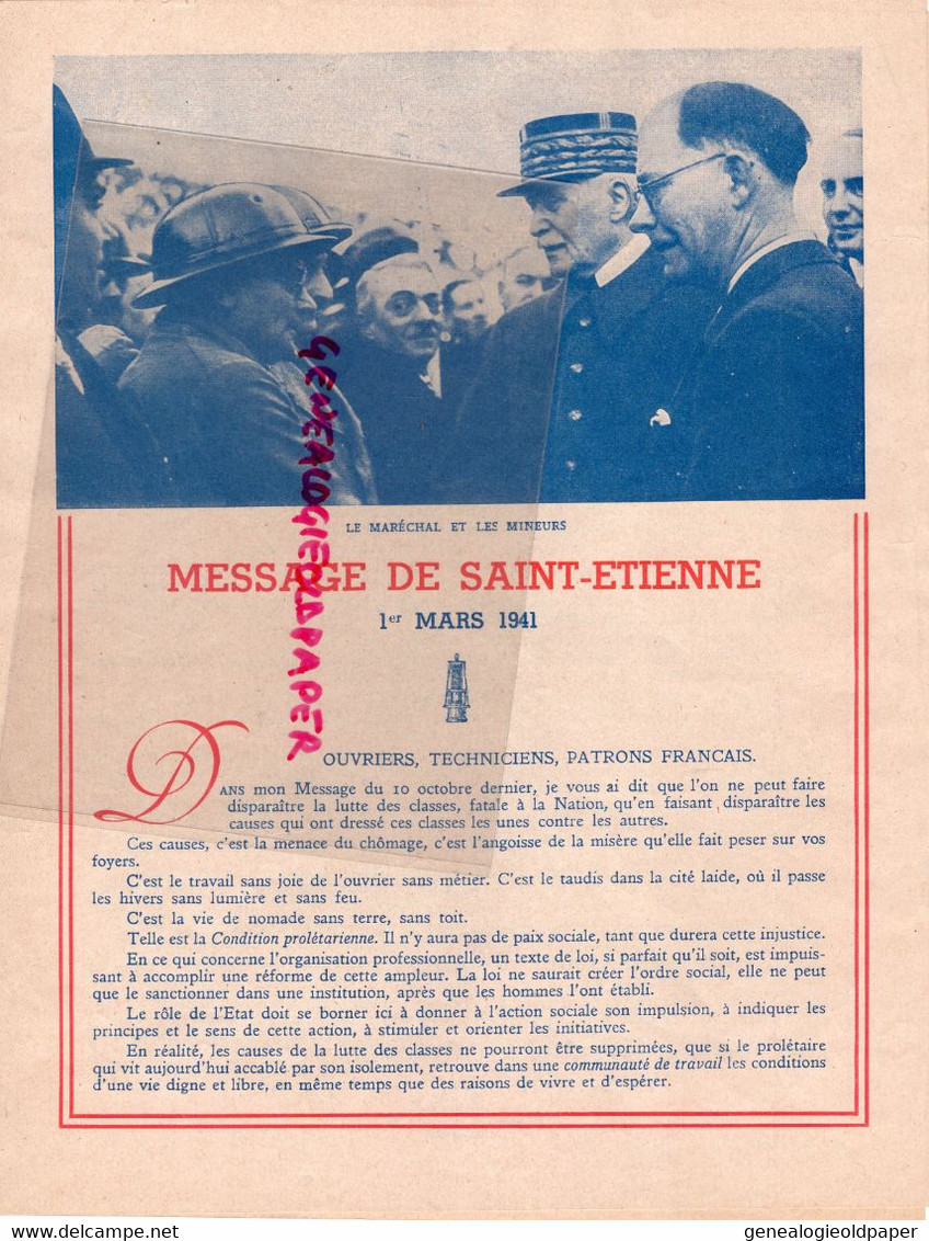 42- ST SAINT ETIENNE - PROPAGANDE COLLABORATION LE MARECHAL PETAIN ET LES MINEURS -1 MARS 1941- IMPRIMERIE VICHY WALLON - Historische Dokumente