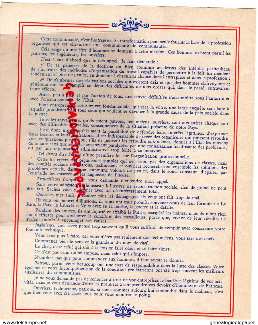 42- ST SAINT ETIENNE - PROPAGANDE COLLABORATION LE MARECHAL PETAIN ET LES MINEURS -1 MARS 1941- IMPRIMERIE VICHY WALLON - Historische Dokumente