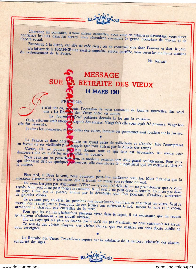 42- ST SAINT ETIENNE - PROPAGANDE COLLABORATION LE MARECHAL PETAIN ET LES MINEURS -1 MARS 1941- IMPRIMERIE VICHY WALLON - Historische Dokumente