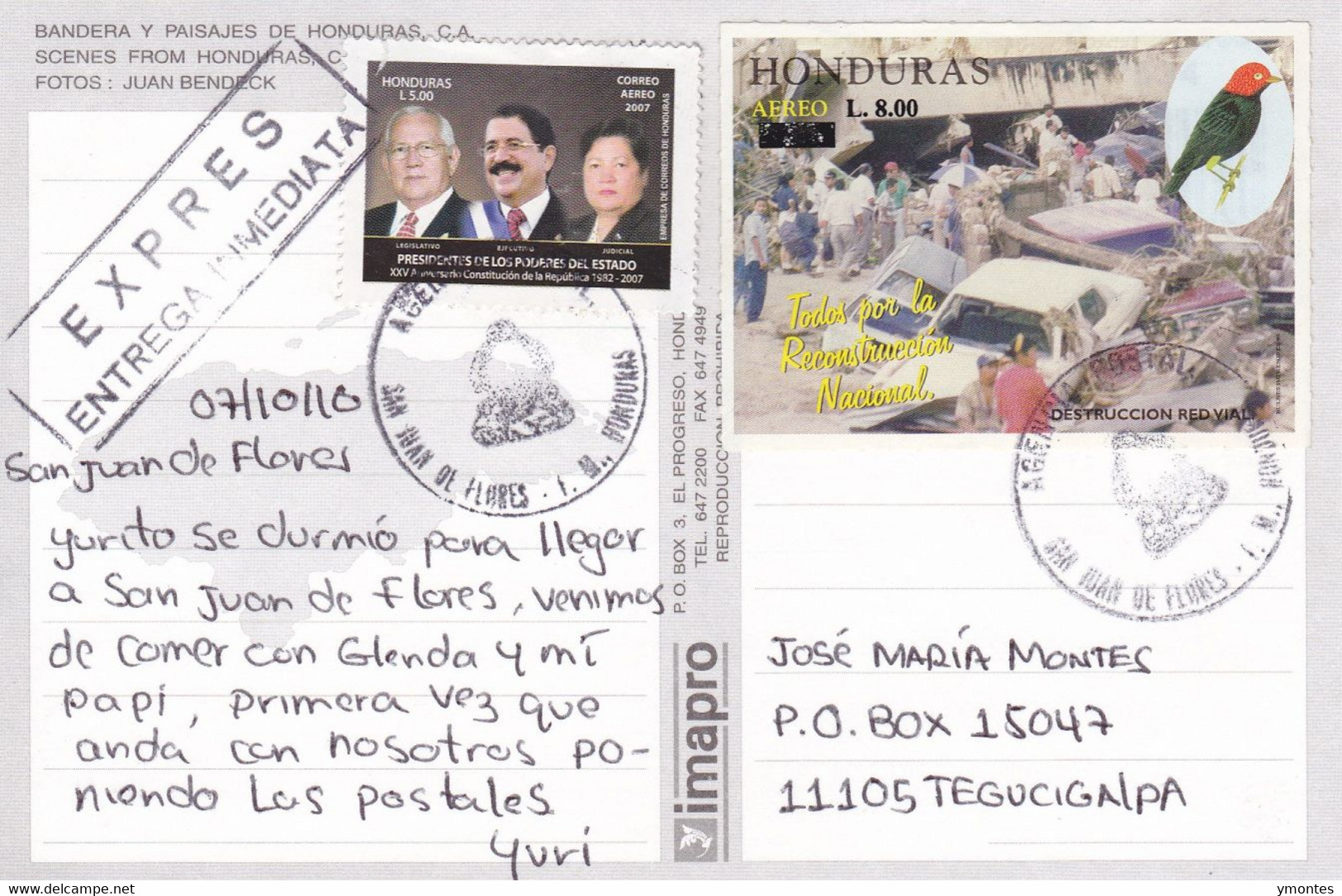 Circulated San Juan De Flores( CANTARRANAS) To Tegucigalpa 2010 , Bird Stamps - Honduras