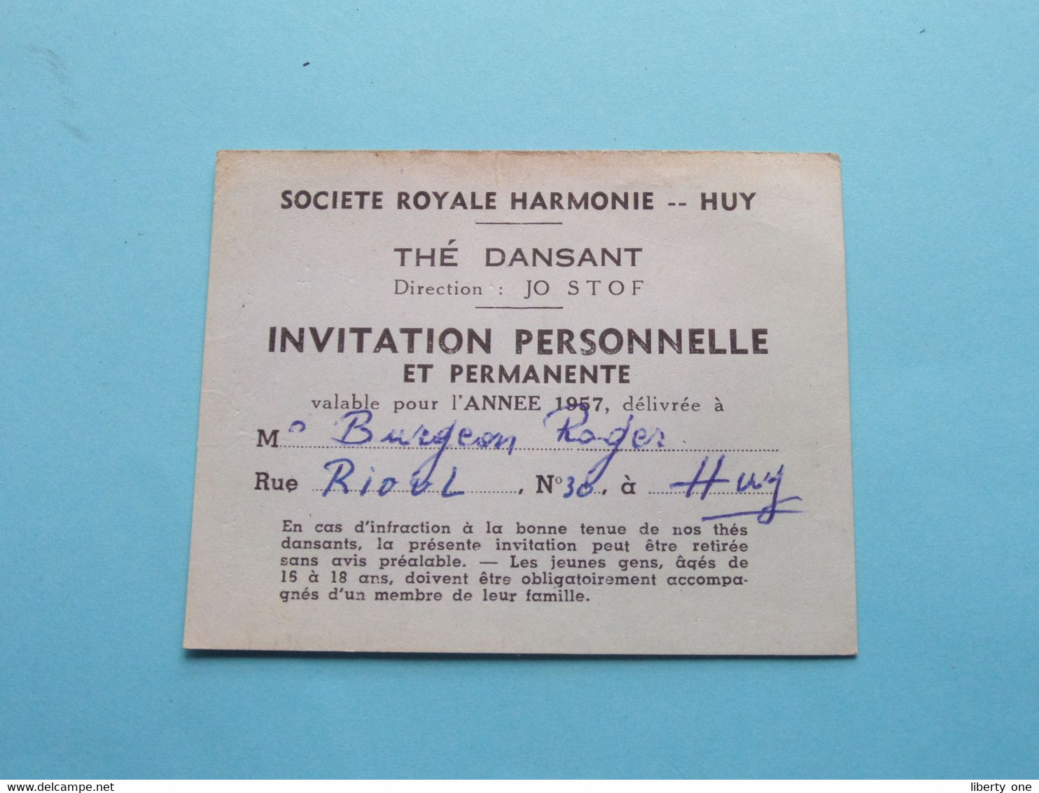 Societé Royale HARMONIE - HUY ( Thé Dansant Jo Stof ) 1957 ( Roger Burgeon HUY ) 2 Pcs.( For Grade, Please See Scans ) ! - Tickets D'entrée