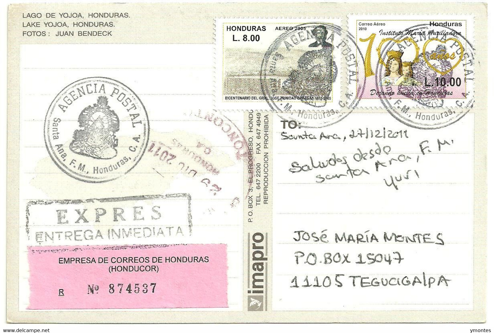 Circulated Santa Ana, Francisco Morazan To Tegucigalpa 2011( Maria Auxiliadora Stamps) - Honduras