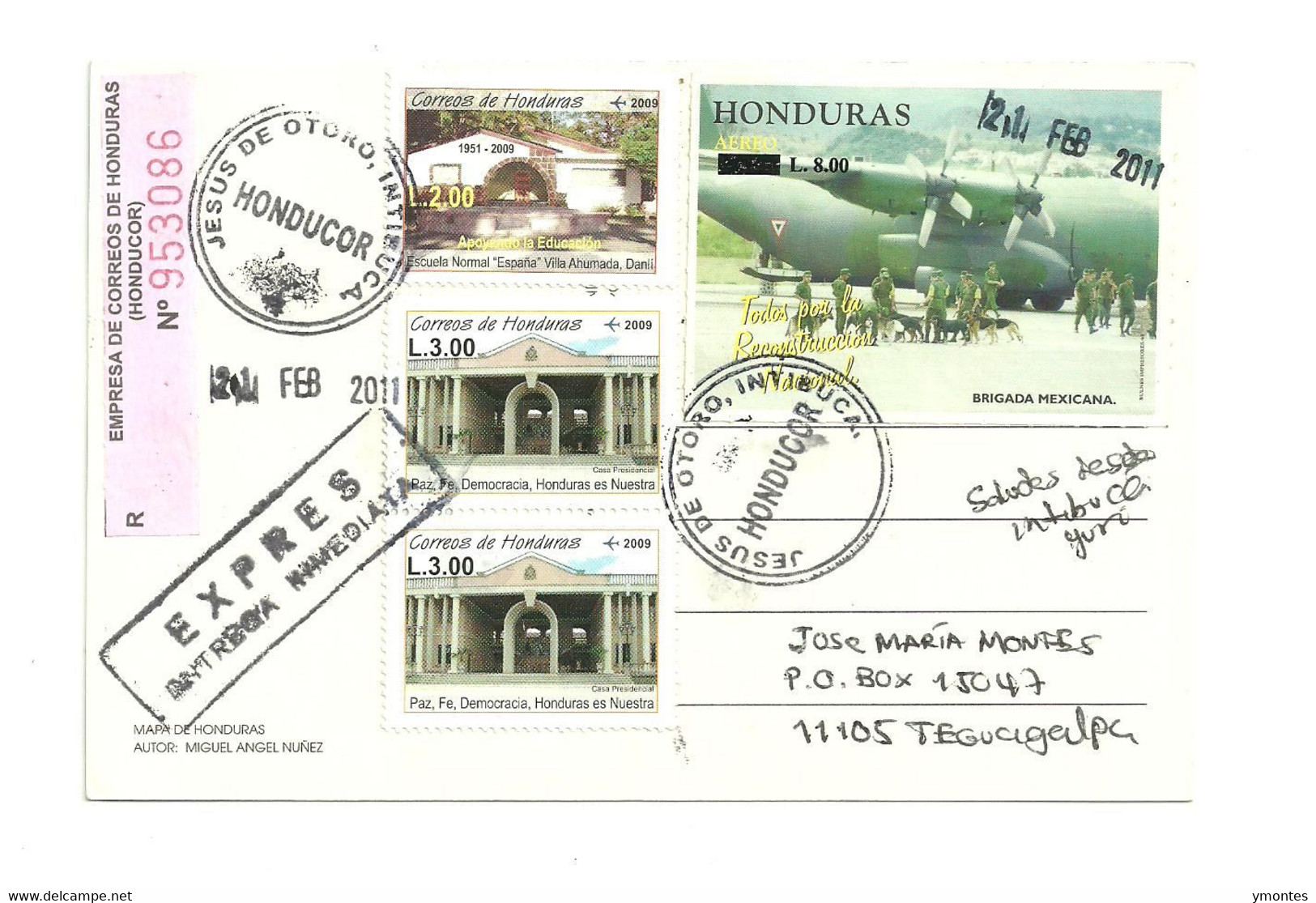 Circulated Jesus De Otoro To Tegucigalpa 2011( Airplane Stamps ) - Honduras