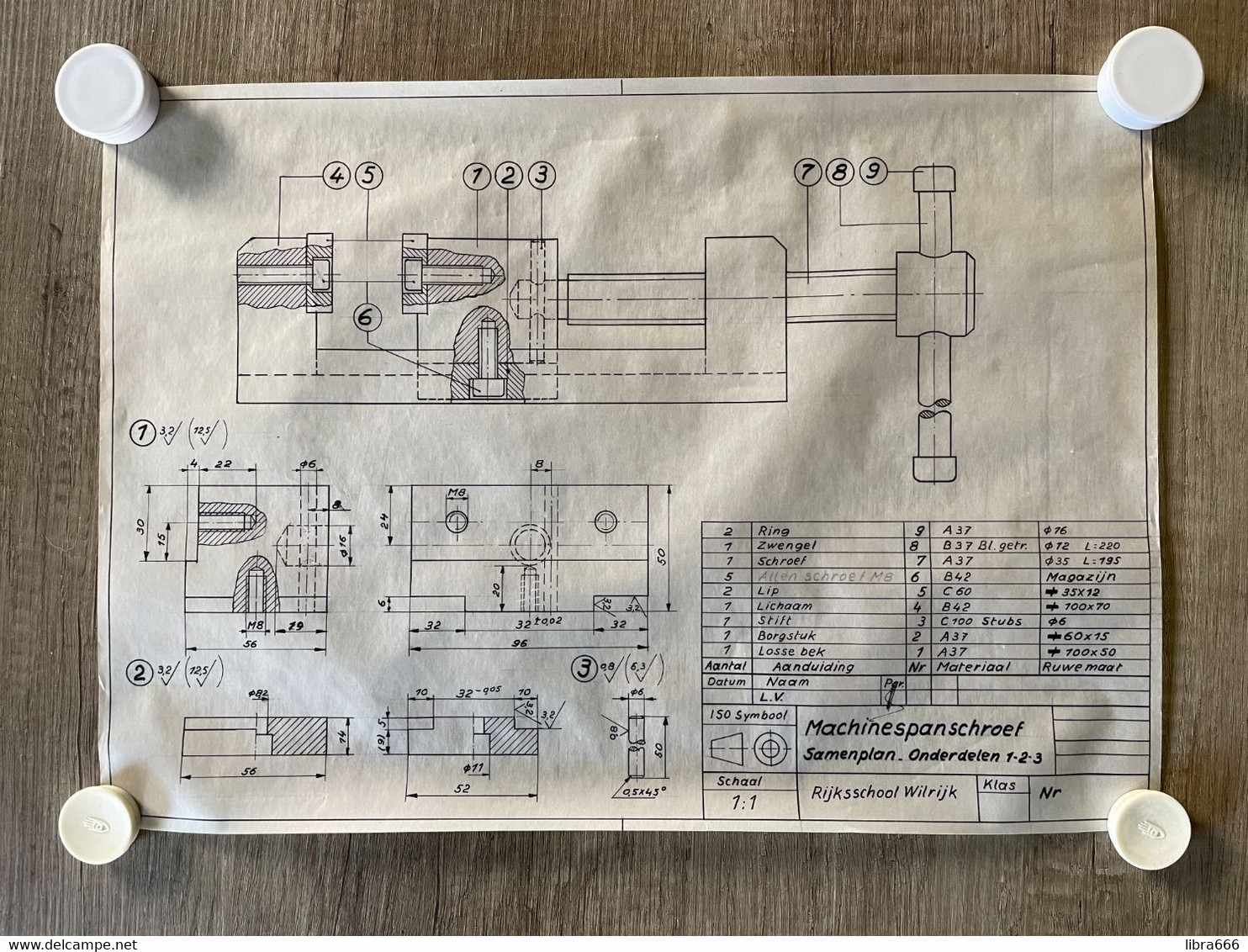 Technisch Plan - Machinespanschroef - Samenplan Onderdelen 1-2-3 - Rijksschool Wilrijk L.V. Livinus Vranckx - Schaal 1:1 - Autres Plans