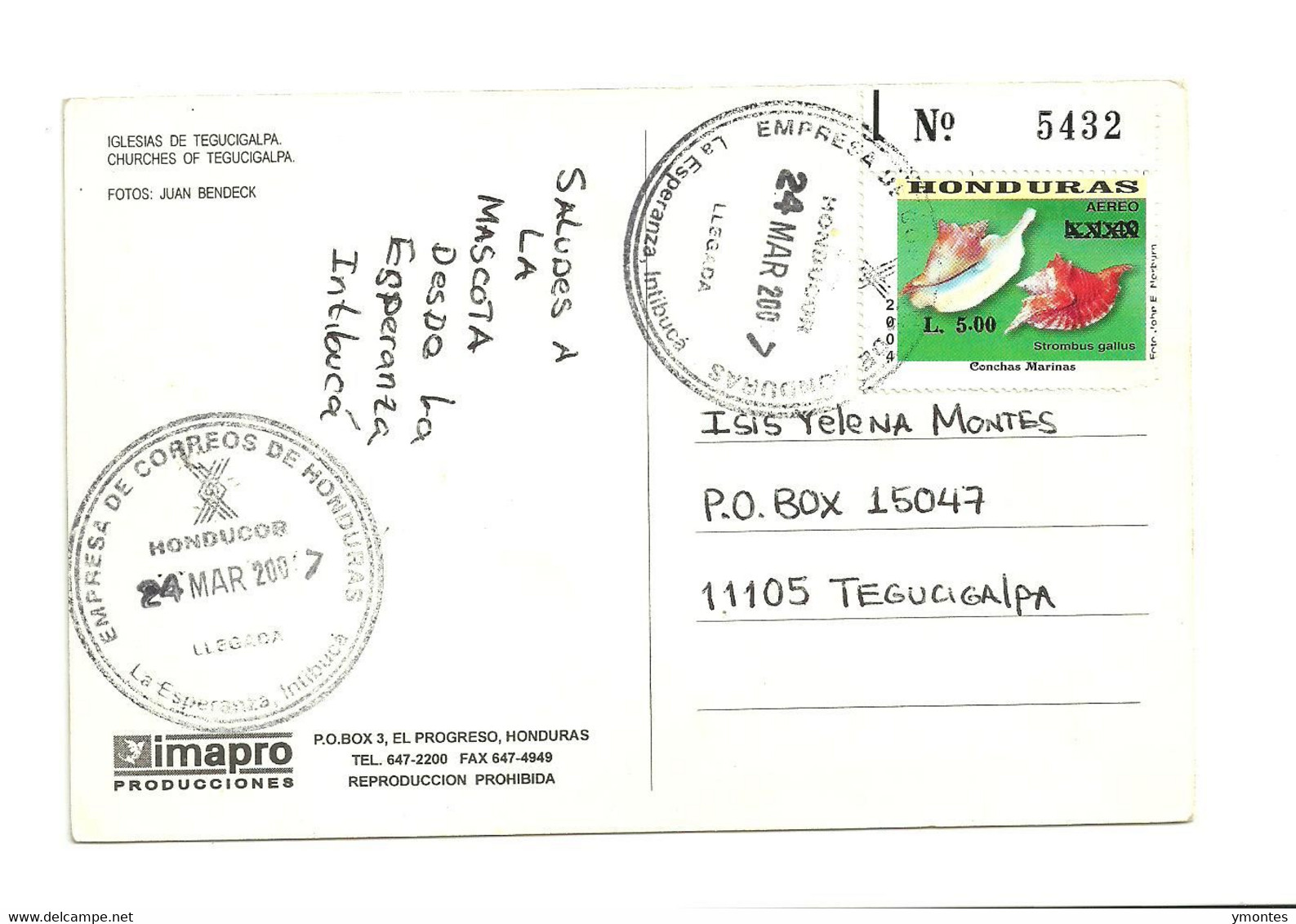 Circulated La Esperanza To Tegucigalpa 2007 ( Sea Animal Stamp ) - Honduras