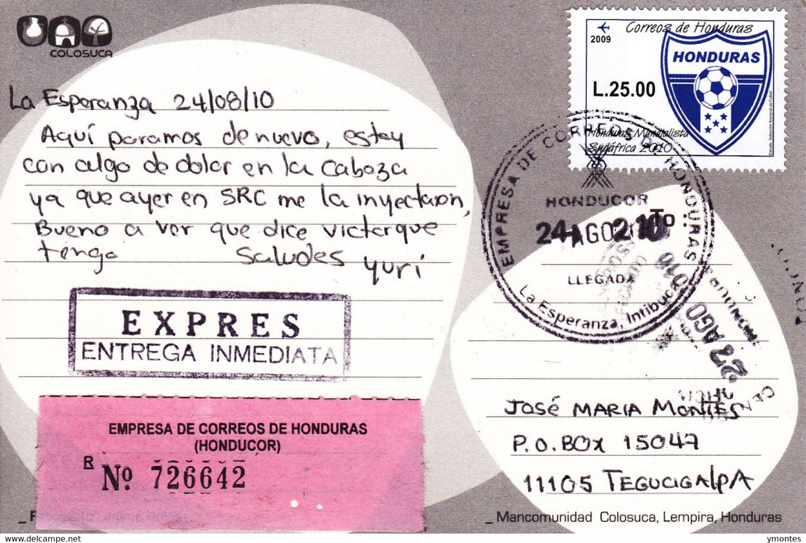 Circulated La Esperanza To Tegucigalpa 2010, World Soccer South Africa 2010 Stamp - Honduras