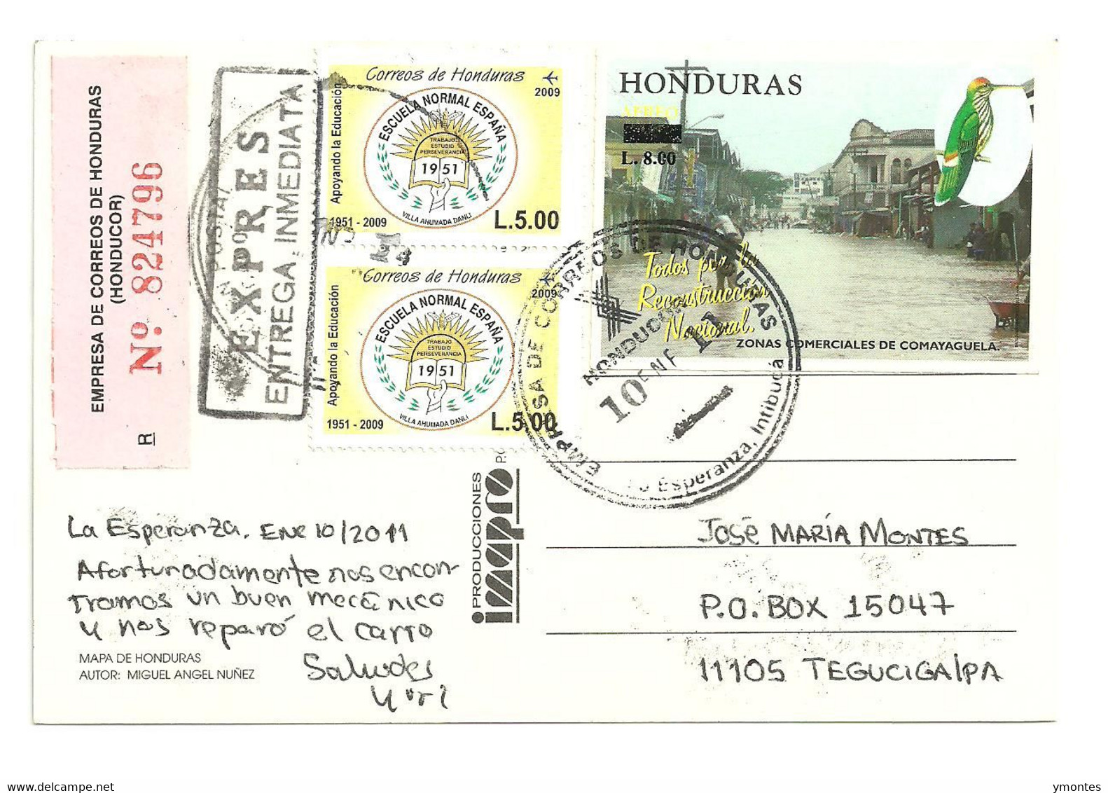 Circulated La Esperanza To Tegucigalpa 2011, Bird , Spain And Hurricane Stamps - Honduras
