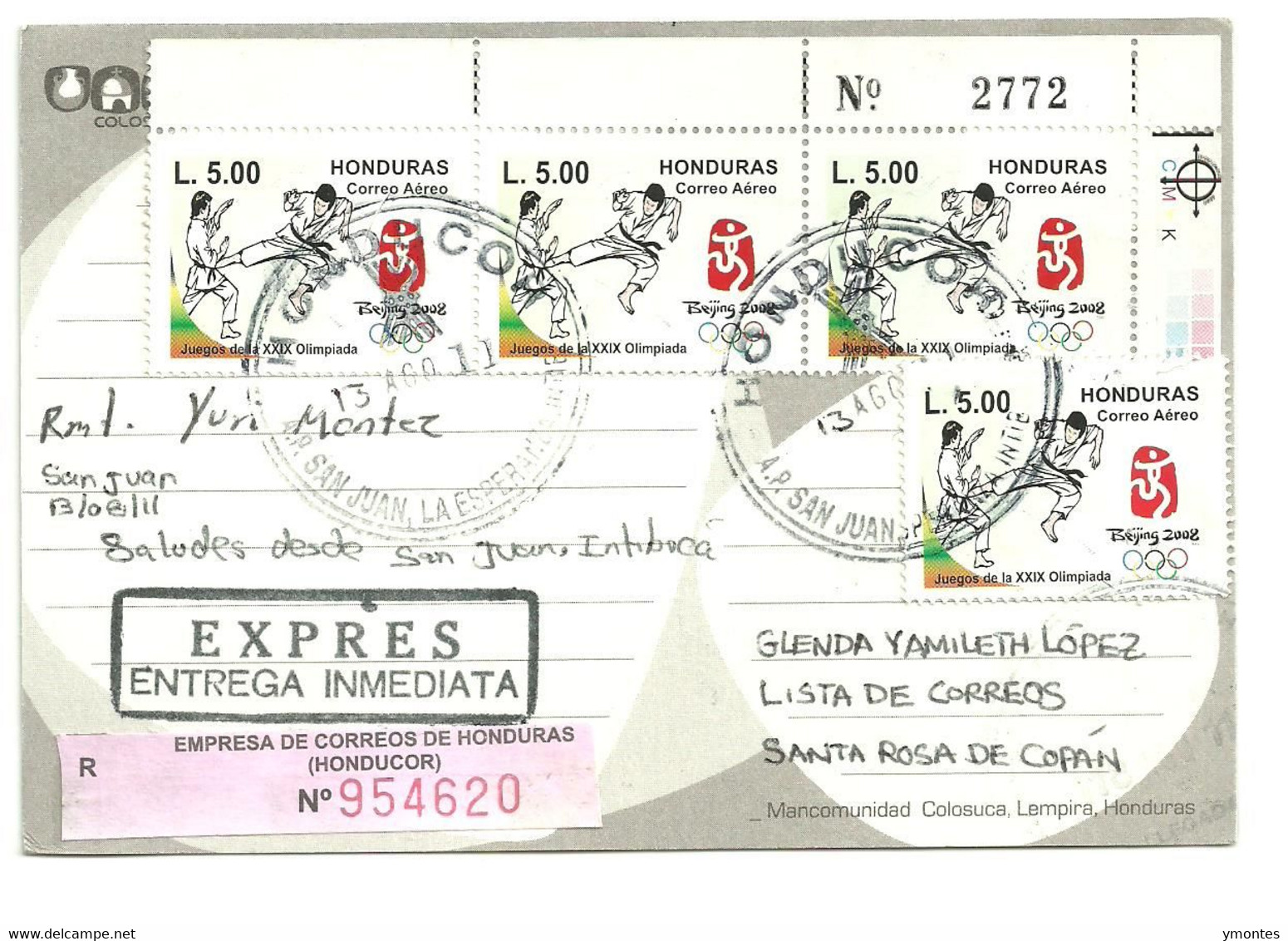 Circulated San Juan Intibuca To Santa Rosa De Copan 2011, Olympic Games Beijing 2008 Stamp - Honduras