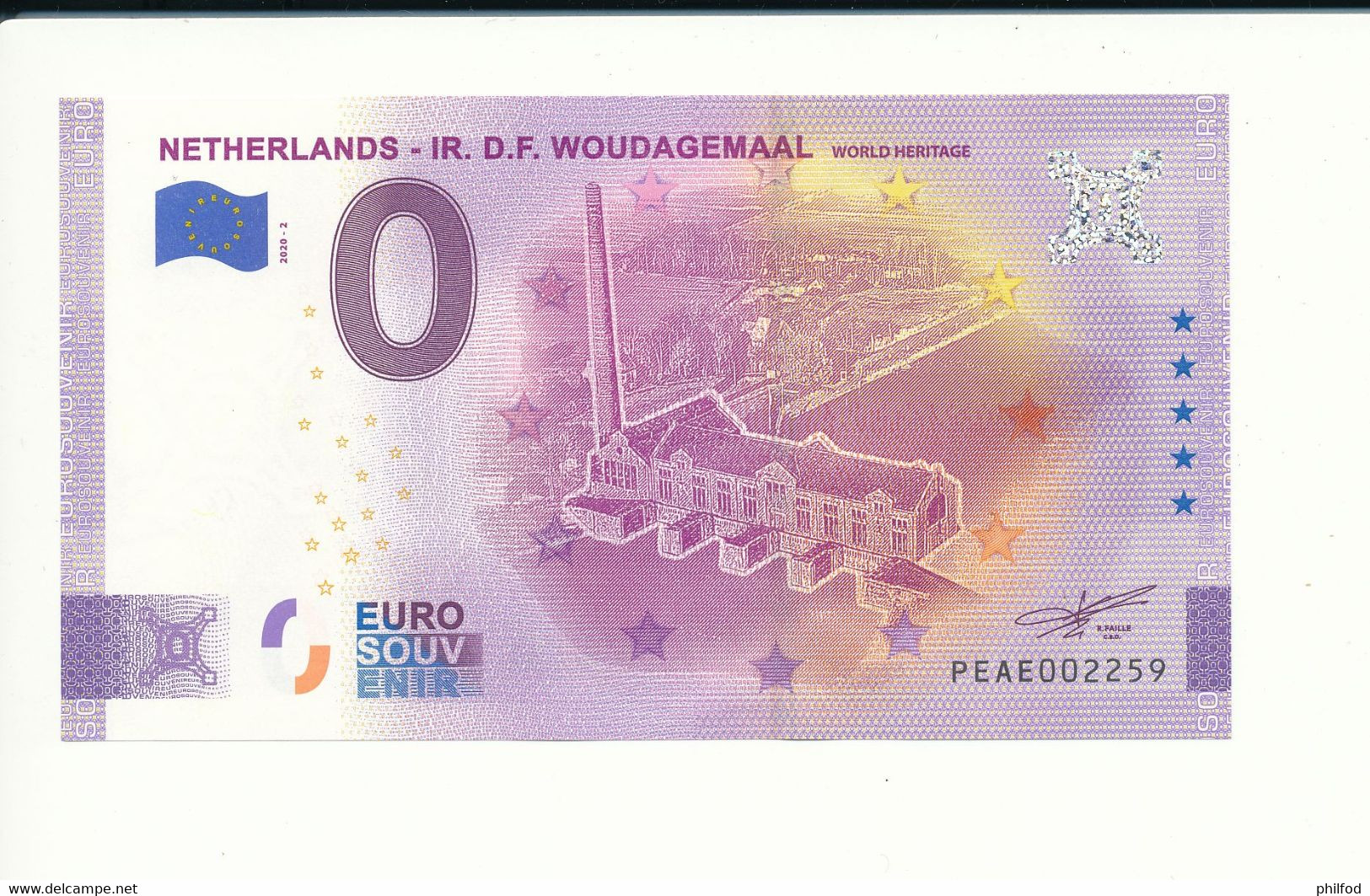 Billet Touristique 0 Euro - NETHERLANDS - IR. D.F. WOUDAGEMAAL WORLD HERITAGE - PEAE- 2020-2 - N° 2259 - Autres & Non Classés
