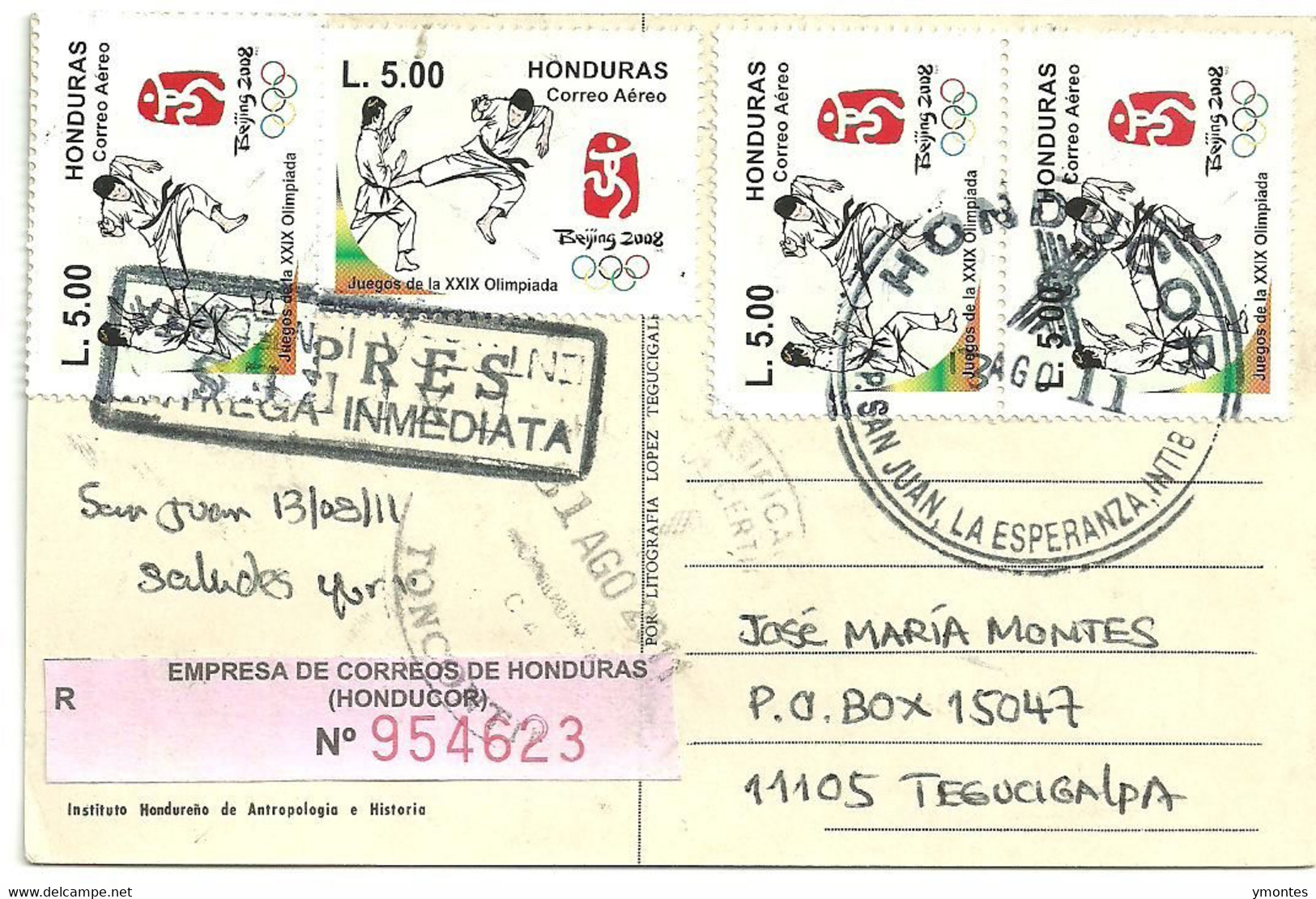 Circulated San Juan Intibuca To Tegucigalpa 2011, Olympic Games Beijing 2008 Stamp - Honduras