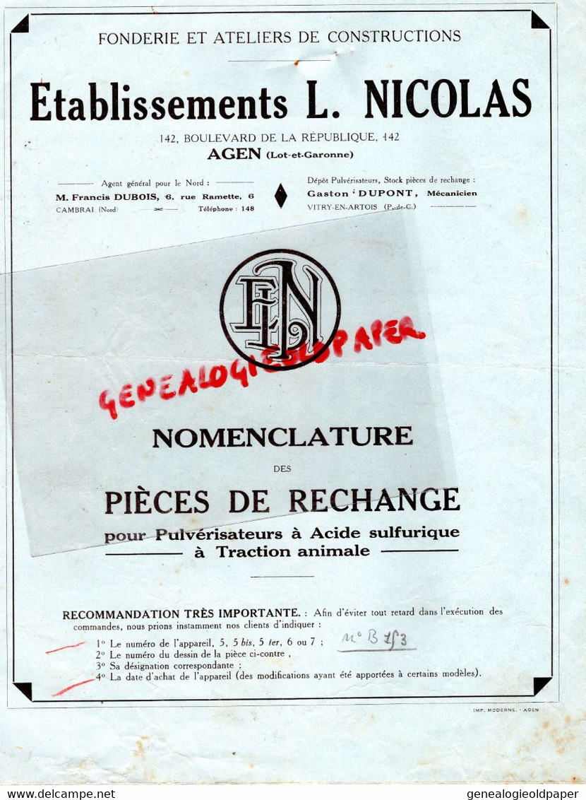 47- AGEN- RARE DEPLIANT NOMENCLATURE PIECES RECHANGE PULVERISATEUR ACIDE SULFURIQUE ETS. L. NICOLAS- 142 BD REPUBLIQUE- - Agriculture