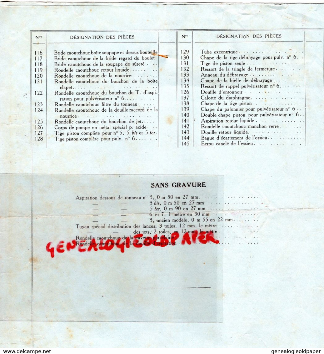 47- AGEN- RARE DEPLIANT NOMENCLATURE PIECES RECHANGE PULVERISATEUR ACIDE SULFURIQUE ETS. L. NICOLAS- 142 BD REPUBLIQUE- - Agriculture