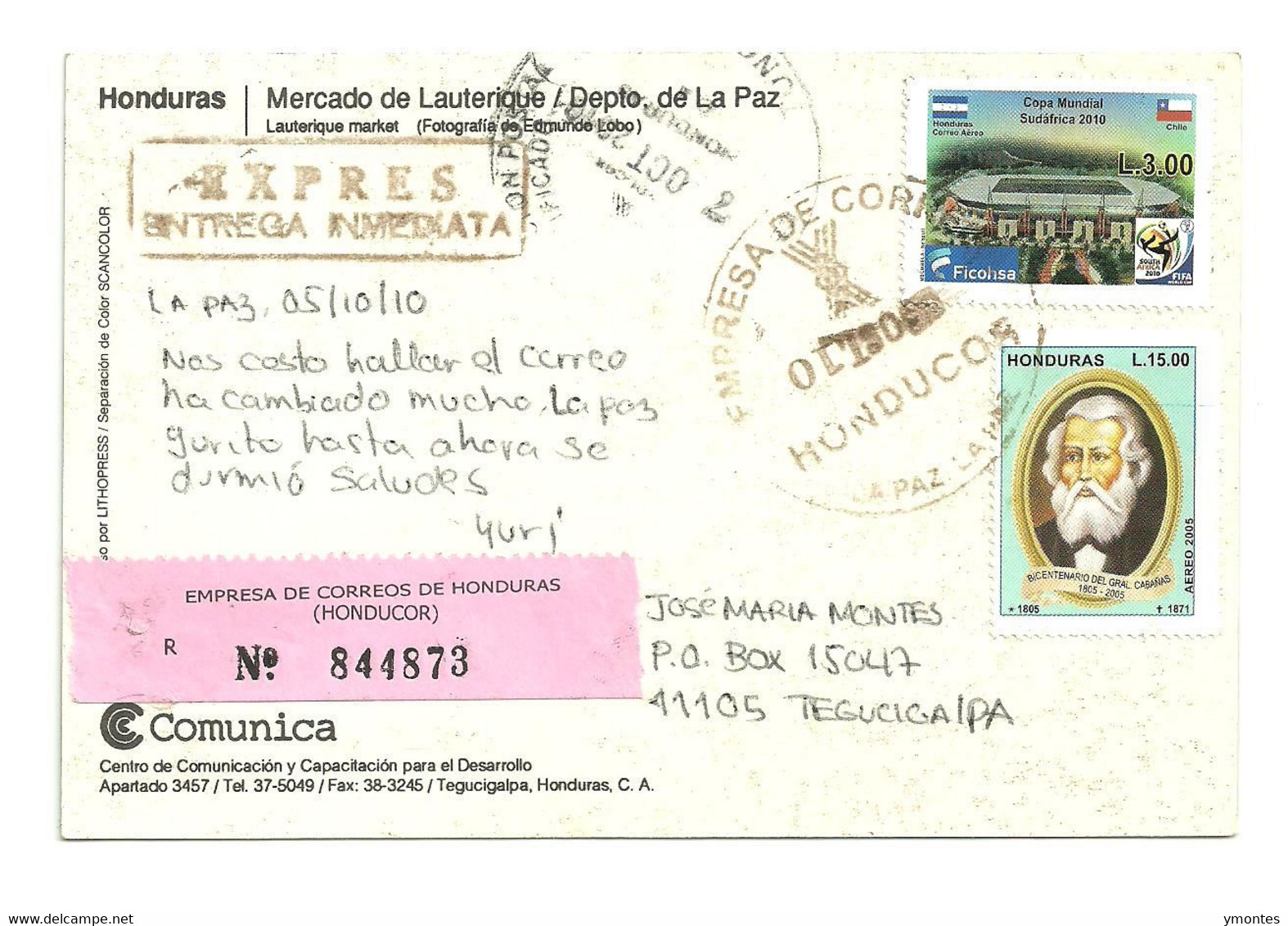 Circulated La Paz To Tegucigalpa 2010, World Soccer South Africa 2010 And Chile Flag Stamp - Honduras