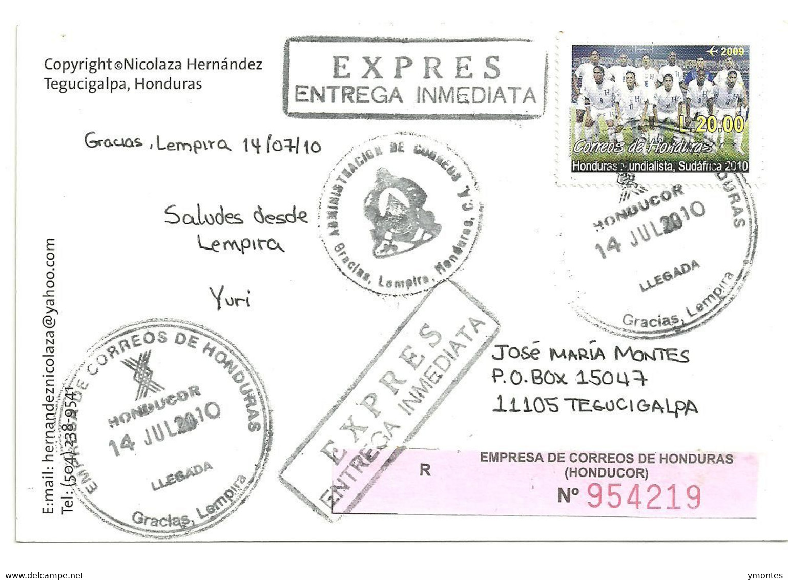 Circulated Gracias, Lempira To Tegucigalpa 2010; World Soccer South Africa 2010 Stamp - Honduras