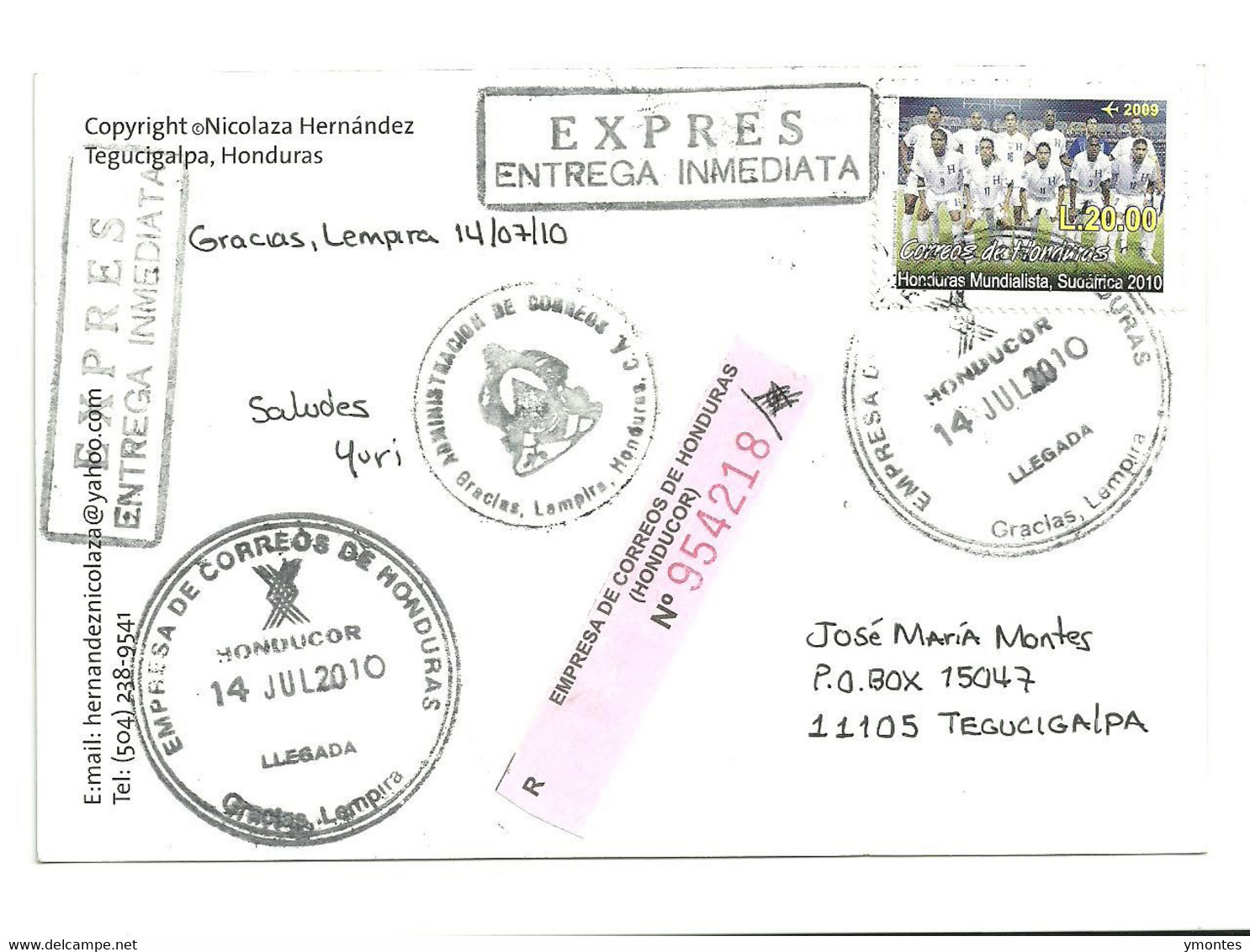 Circulated Gracias, Lempira To Tegucigalpa 2010; World Soccer South Africa 2010 Stamp - Honduras