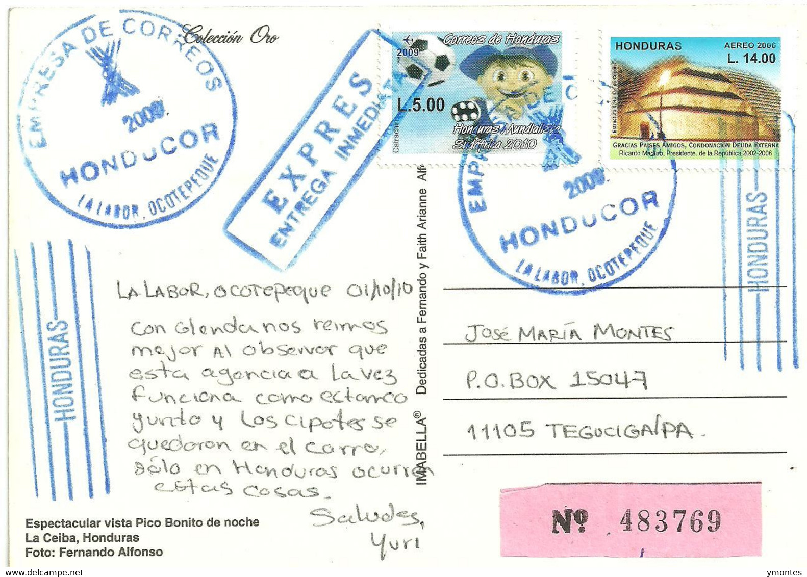 Circulated La Labor, Ocotepeque To Tegucigalpa 2010 , World Soccer South Africa 2010 Stamp - Honduras