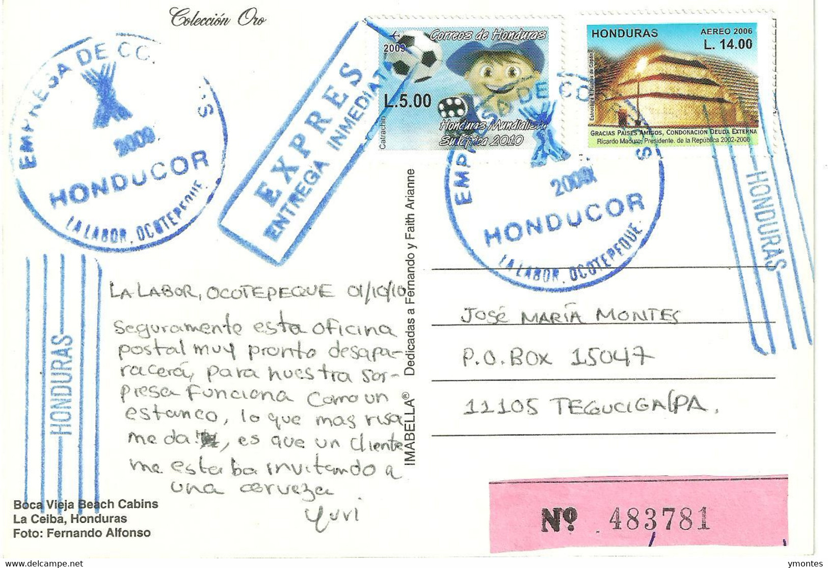 Circulated La Labor, Ocotepeque To Tegucigalpa 2010 , World Soccer South Africa 2010 Stamp - Honduras