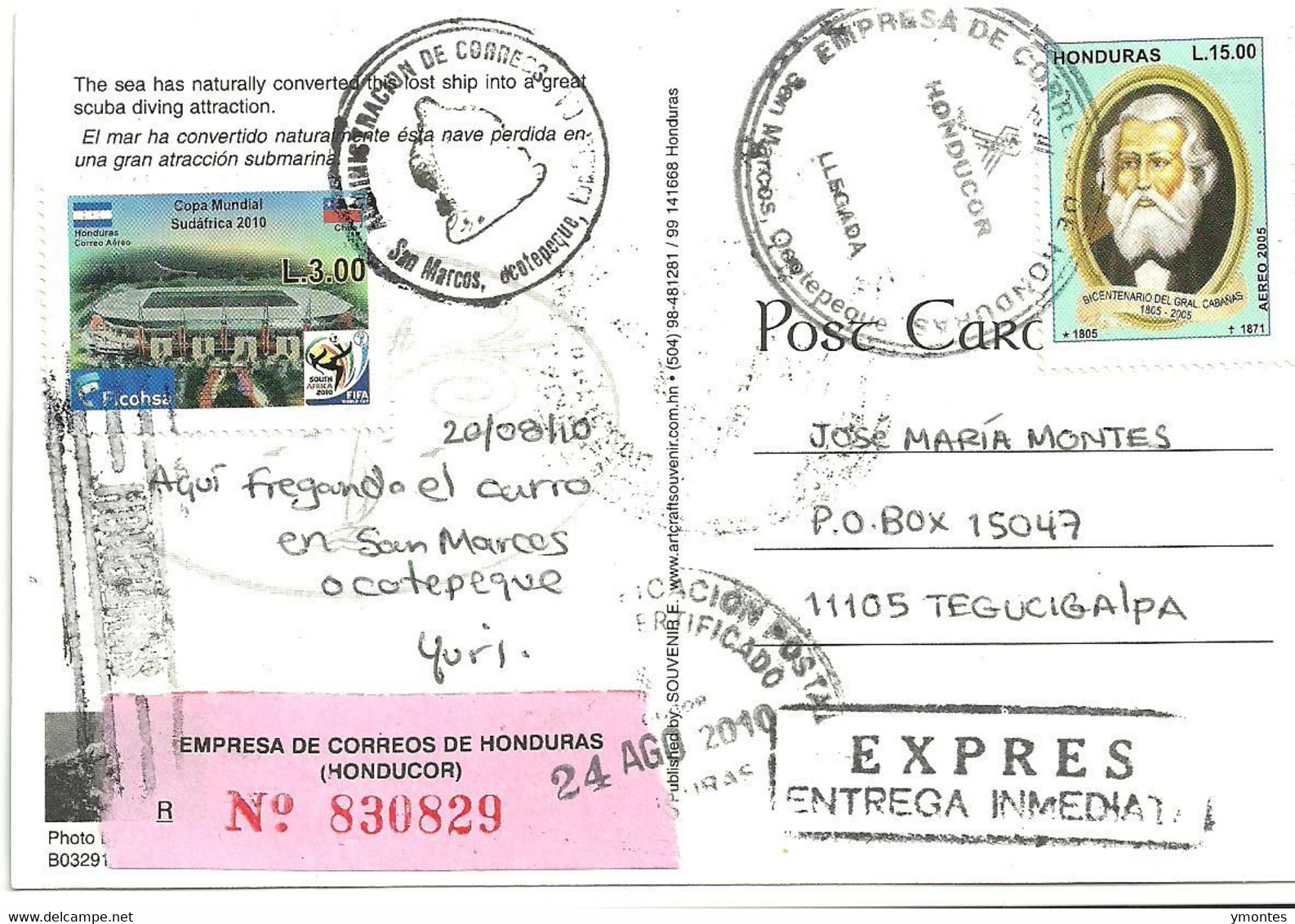 Circulated San Marcos De Ocotepeque To Tegucigalpa 2010, World Soccer South Africa 2010 And Chile Flag Stamps - Honduras