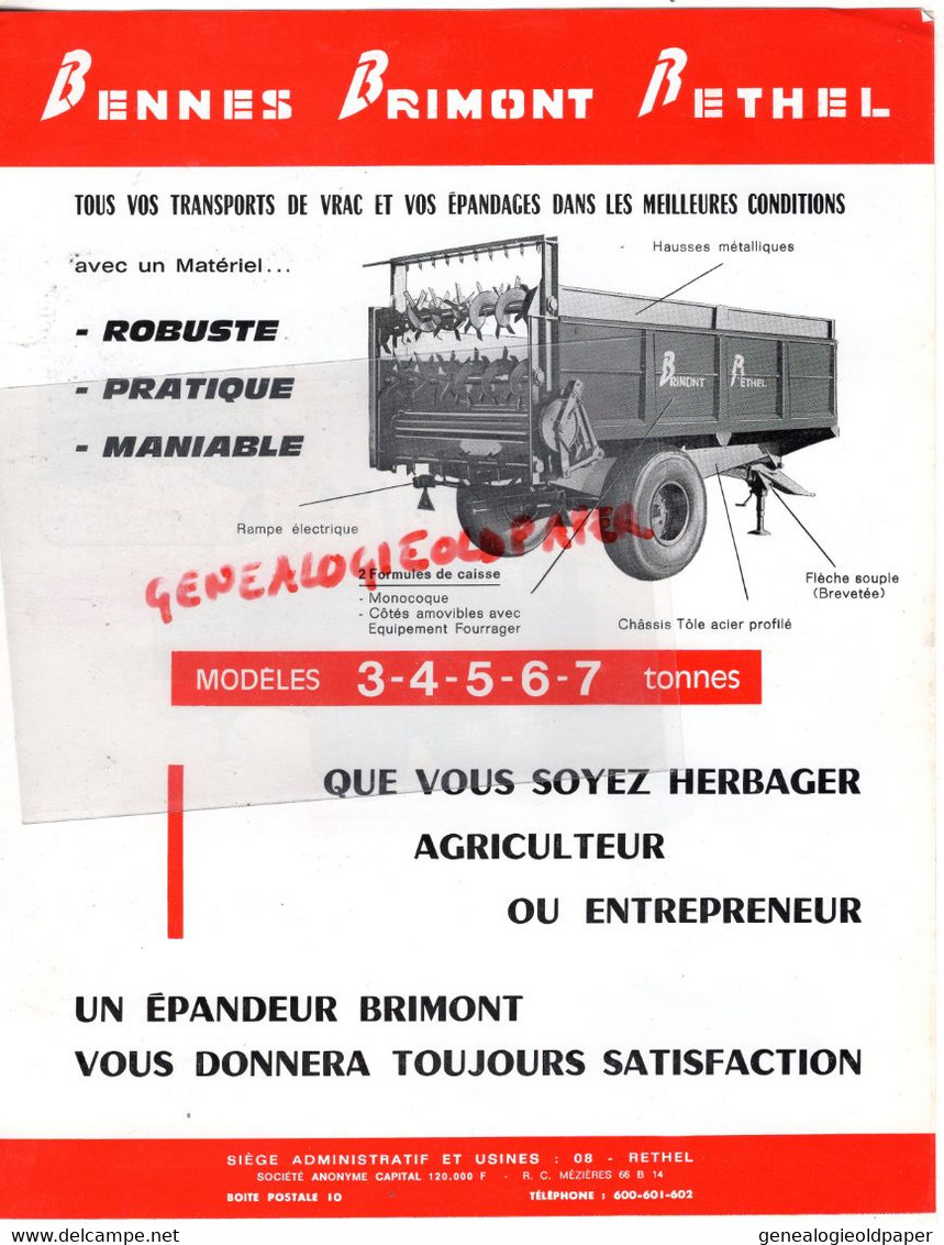 08-RETHEL- RARE PUBLICITE BENNES BRIMONT- AGRICULTURE CONSTRUCTIONS METALLIQUES -SEMI REMORQUE A BENNE EPANDEUR - Agriculture