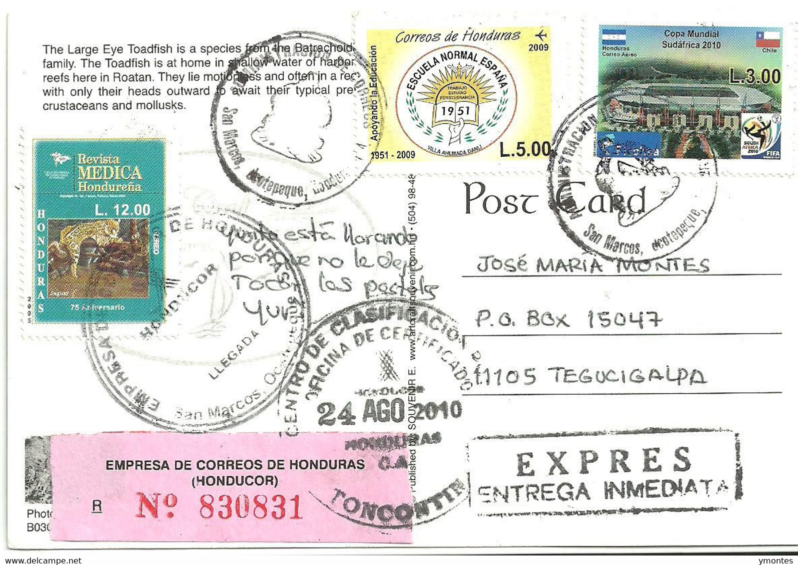 Circulated San Marcos De Ocotepeque To Tegucigalpa 2010, World Soccer South Africa 2010 And Chile Flag Stamps - Honduras