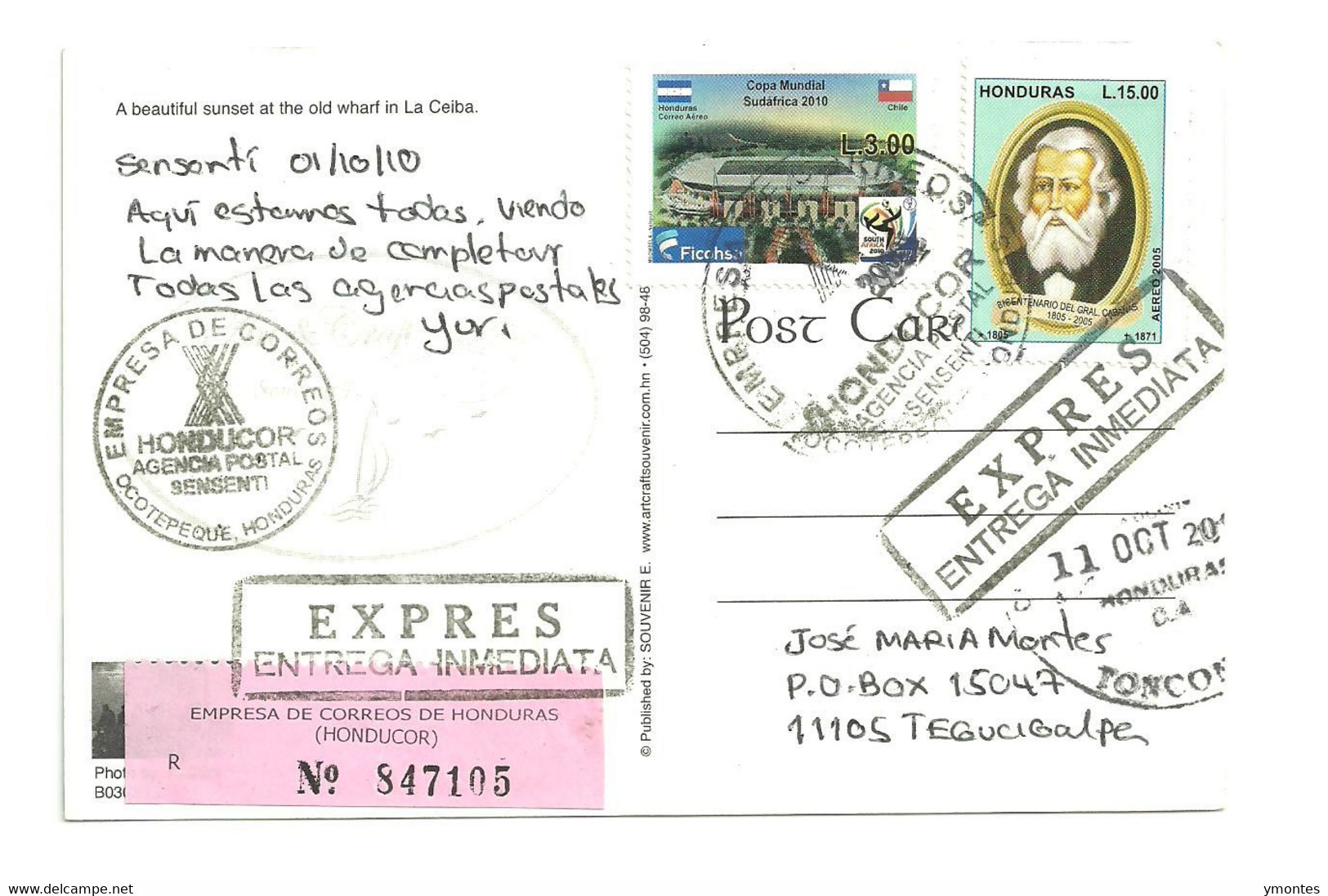 Circulated Sensenti, Ocotepeque To Tegucigalpa 2010, World Soccer South Africa 2010 And Chile Flag Stamp - Honduras