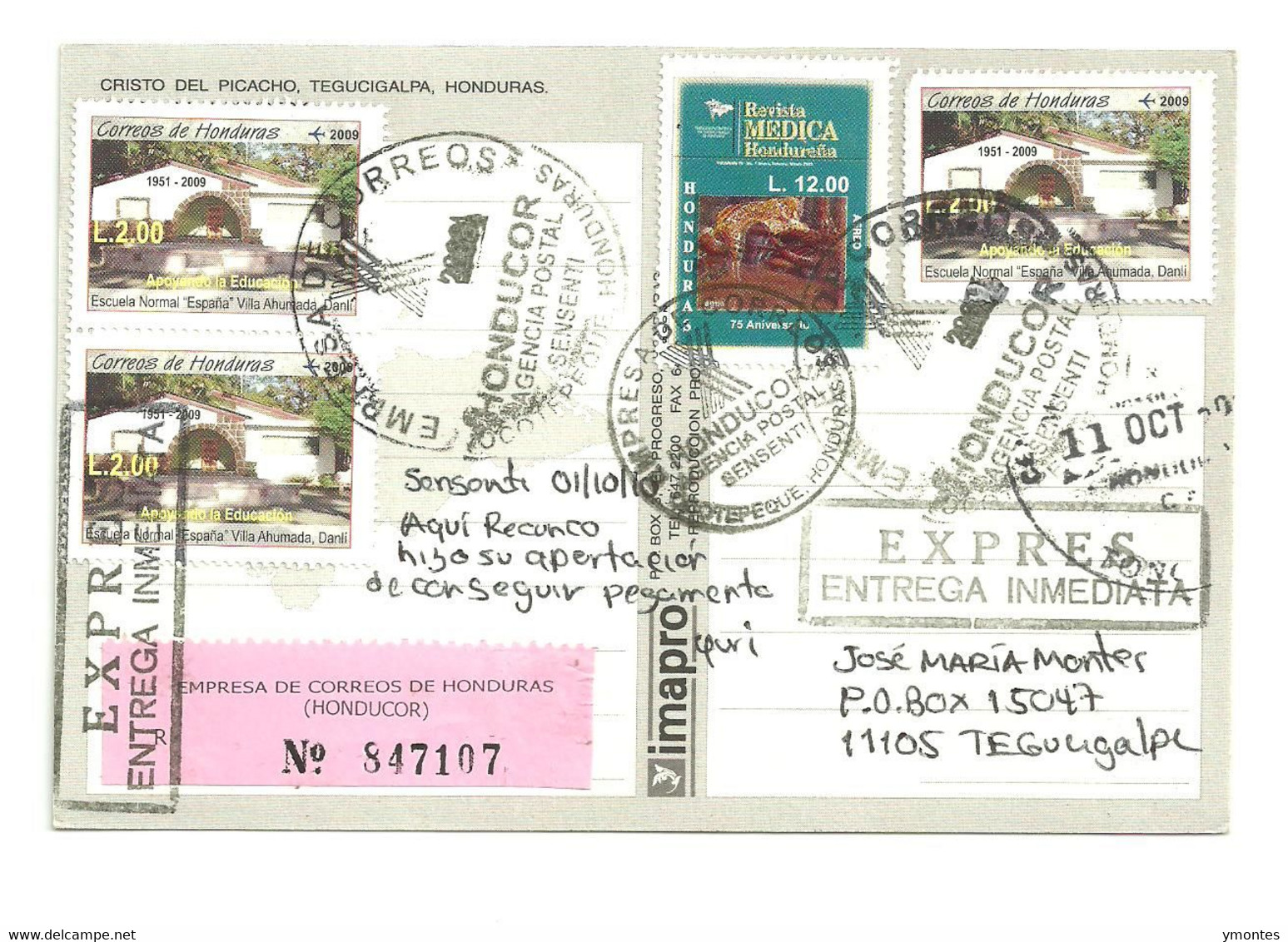 Circulated Sensenti, Ocotepeque To Tegucigalpa 2010 ( Leopard , Feline Stamp ) - Honduras
