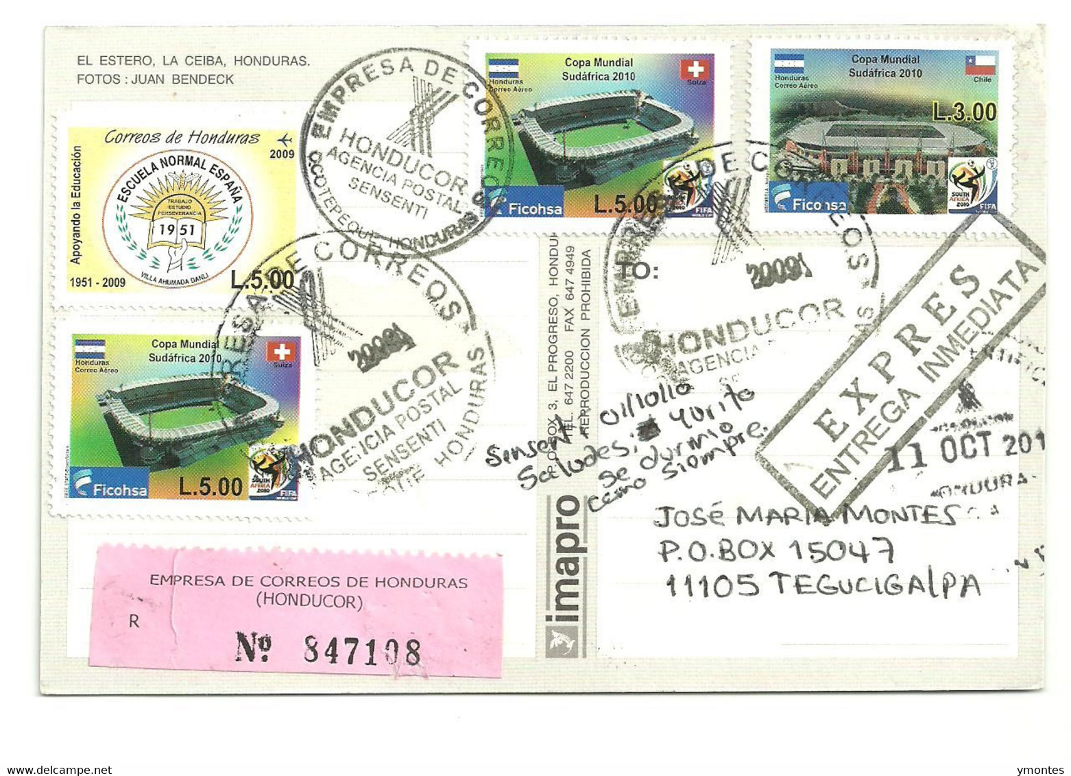 Circulated Sensenti, Ocotepeque To Tegucigalpa 2010, World Soccer South Africa 2010 And Chile And Switzerland Flag Stamp - Honduras