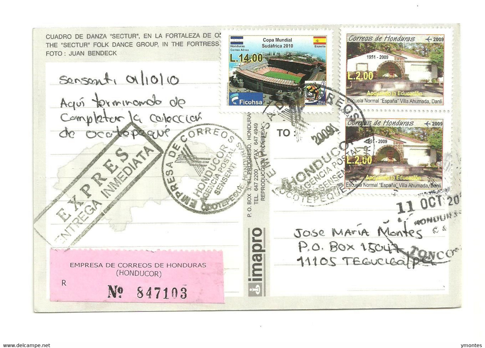 Circulated Sensenti, Ocotepeque To Tegucigalpa 2010 ( World Soccer South Africa 2010 And Spain Flag Stamps ) - Honduras