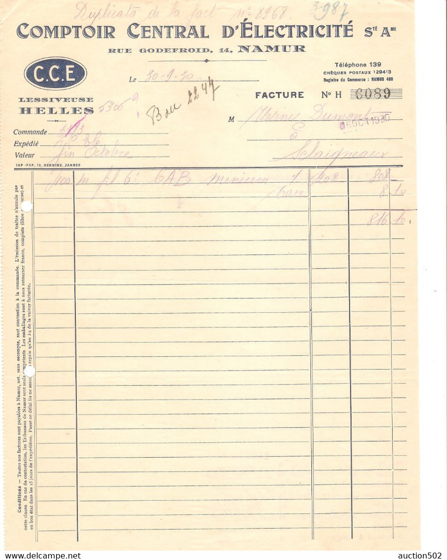 Facture 1930 Comptoir Central D' Electricité S.A. Namur Lessiveuse Helles > Dumont Sclaogneaux - Electricity & Gas