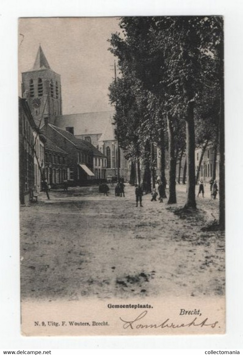2 Oude Postkaarten Brecht Gemeenteplaats Zicht Aan 't Gemeentehuis - Brecht
