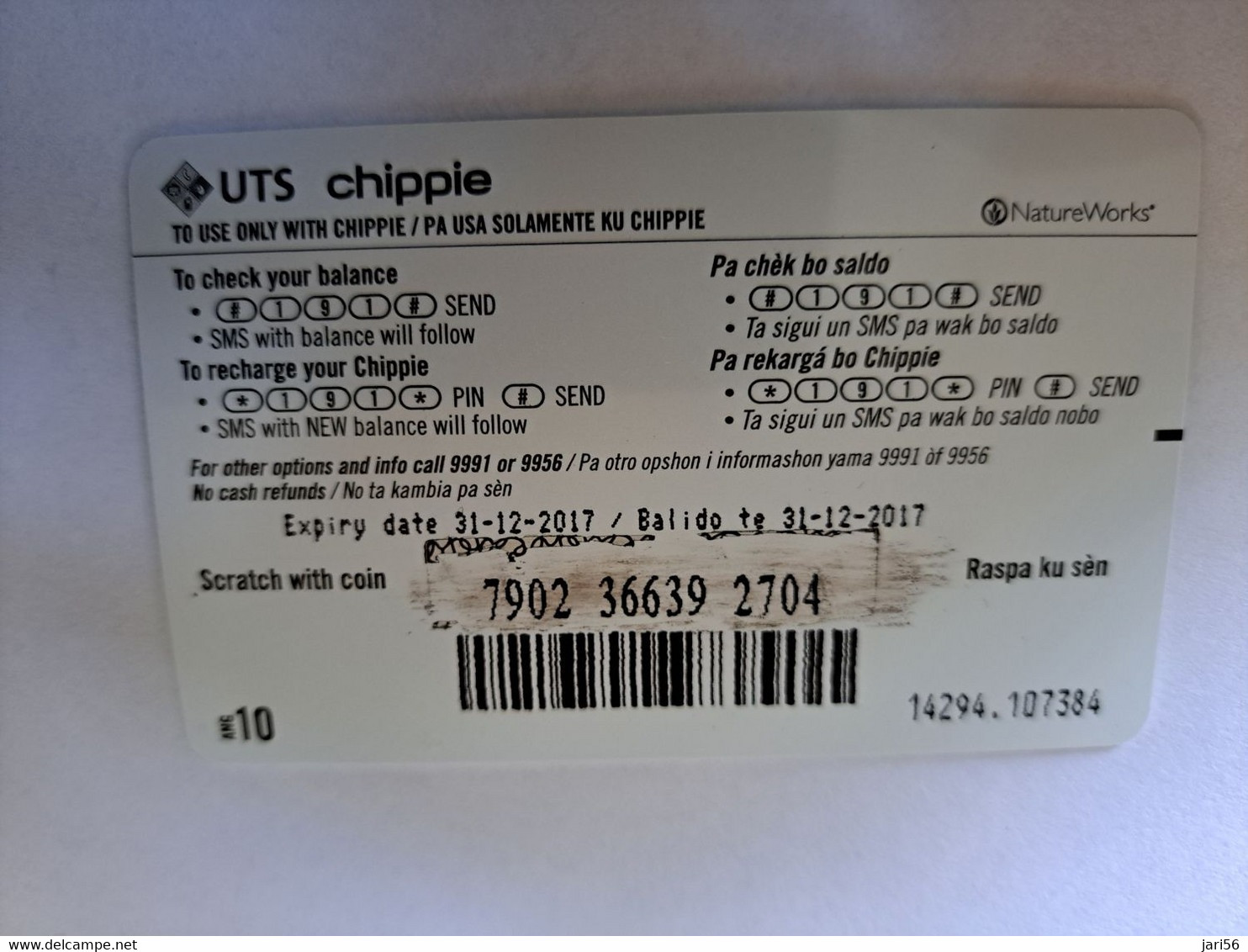 ANTILLES NETHERLANDS/ UTS   CHIPPIE BLEU CARD   Prepaid  $10,-         Fine Used Card  **12089** - Antillas (Nerlandesas)