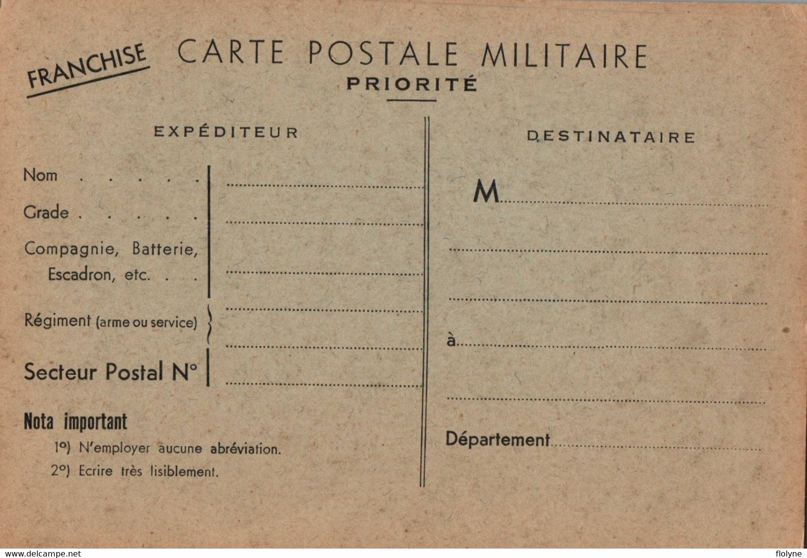 Militaria - Franchise Militaire , FM - WW2 Guerre 1939 1945 - Courrier Militaire - Weltkrieg 1939-45