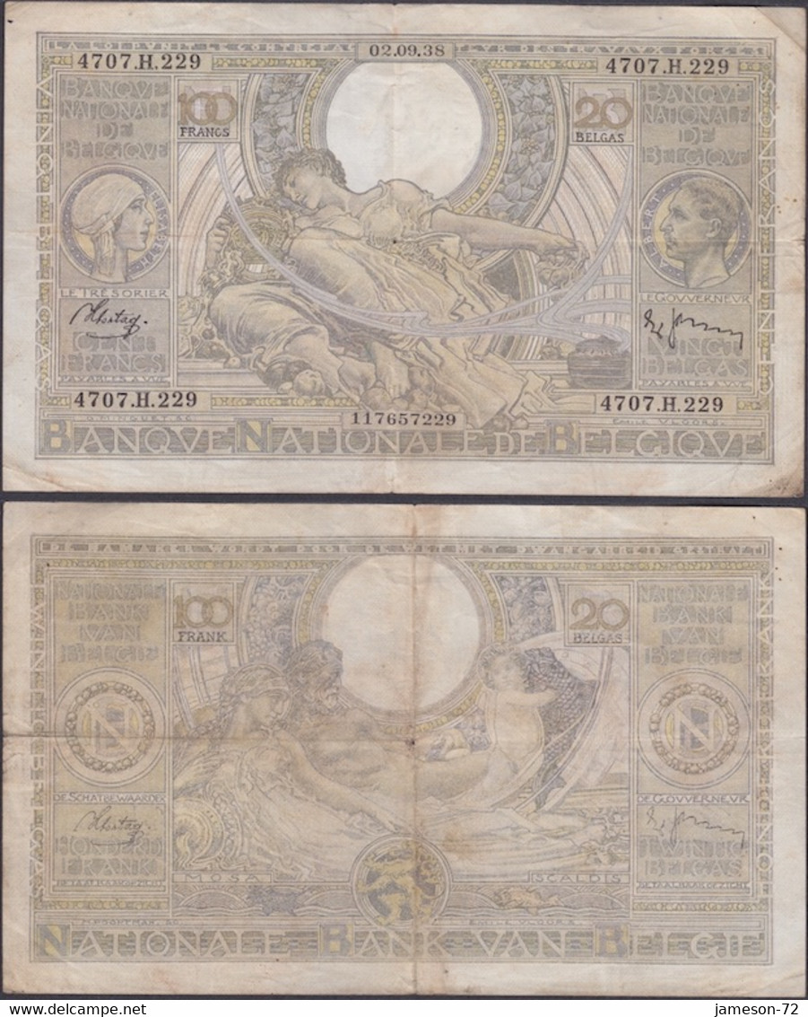 BELGIUM - 100 Francs / 20 Belgas 1938 P# 107 Europe Banknote - Edelweiss Coins - 100 Francos & 100 Francos-20 Belgas