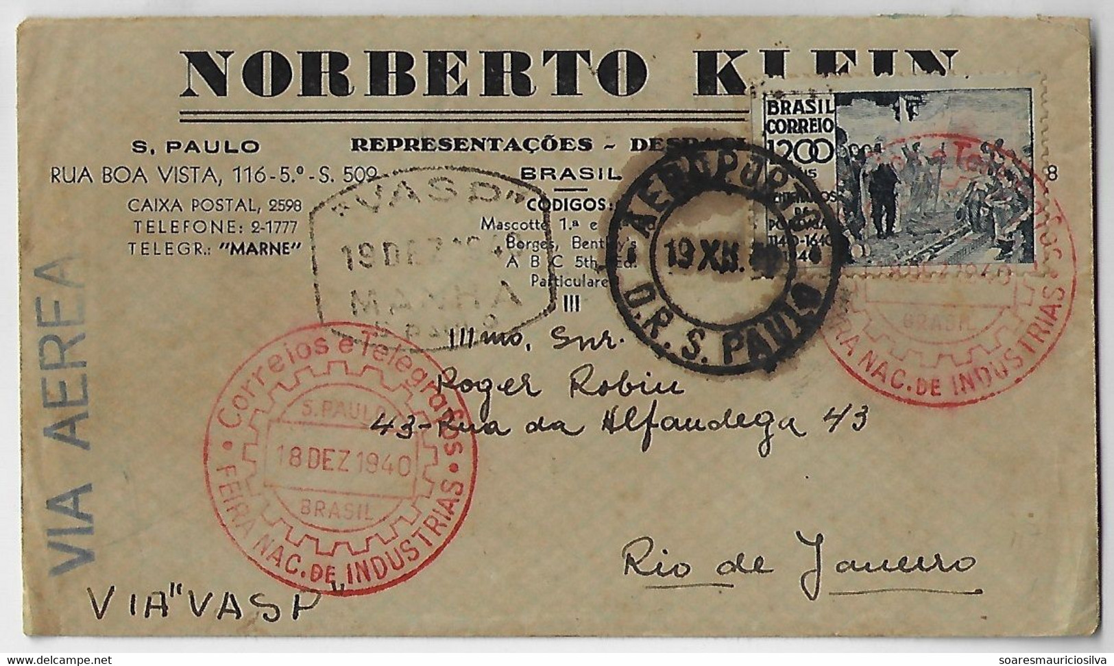 Brazil 1940 Airmail Cover From São Paulo Agency Airport To Rio De Janeiro By Air Transport São Paulo VASP 1,200 Réis - Poste Aérienne (Compagnies Privées)