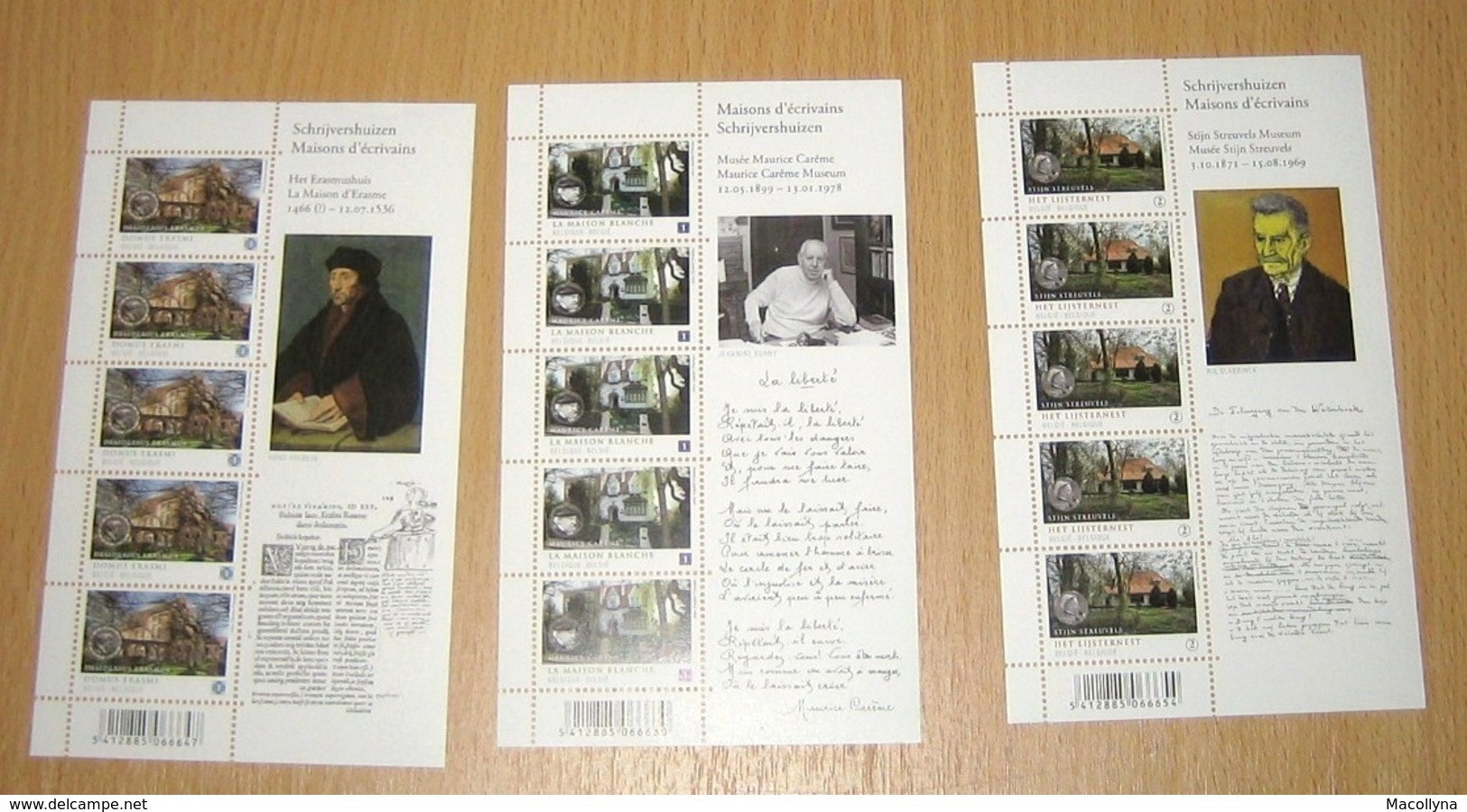 België 4092/93/94** Schrijvershuizen Musea - (3 Feuilles)  Maisons D'écrivains** MNH - Streuvels / Erasmus / Carème RRR - 2011-2020