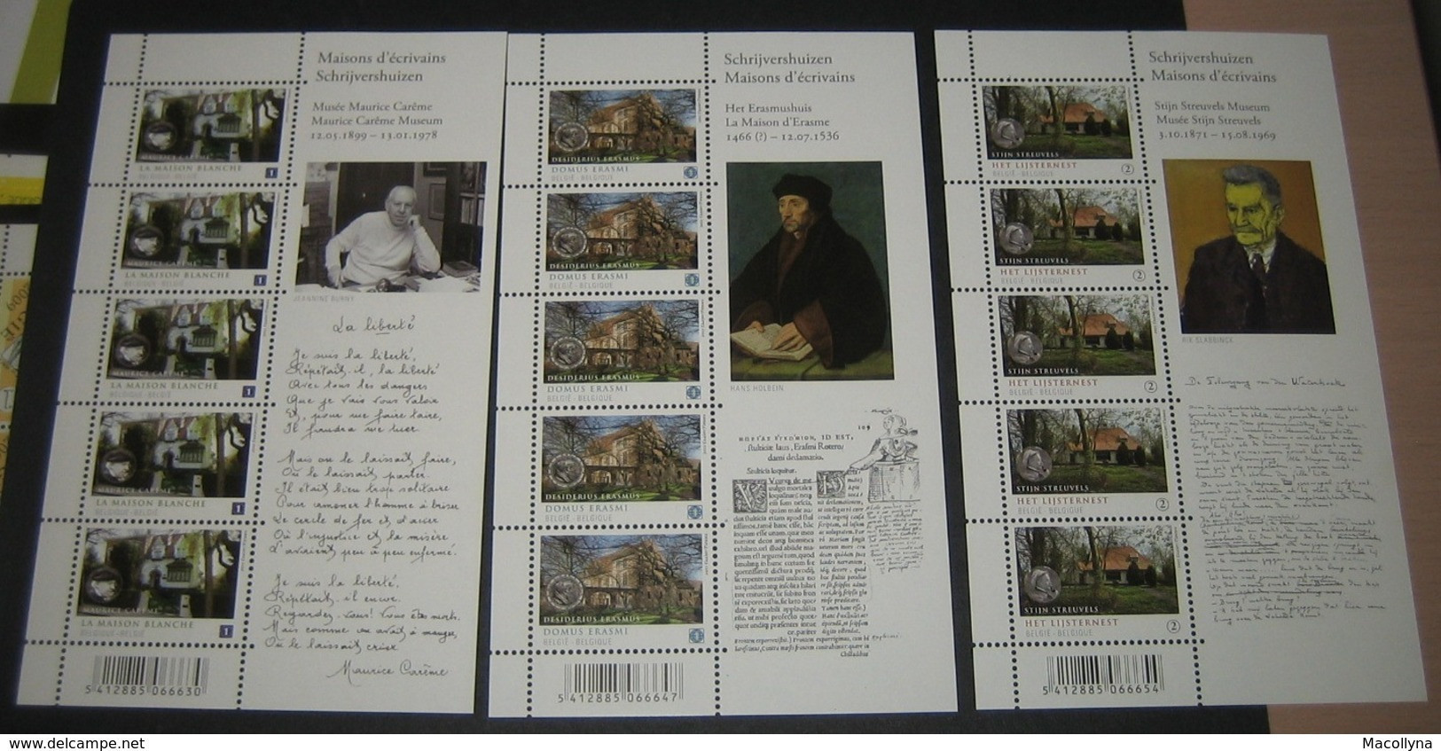 België 4092/93/94** Schrijvershuizen Musea - (3 Feuilles)  Maisons D'écrivains** MNH - Streuvels / Erasmus / Carème RRR - 2011-2020