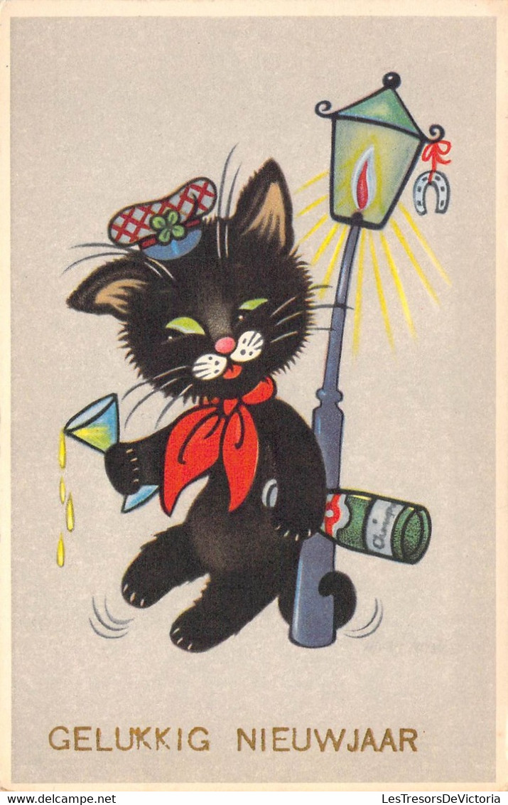 Fantaisies - Chaton Habillé Qui Fête La Nouvelle Année - Gelukkig Nieuwjaar - Colorisé - Carte Postale Ancienne - Animali Abbigliati