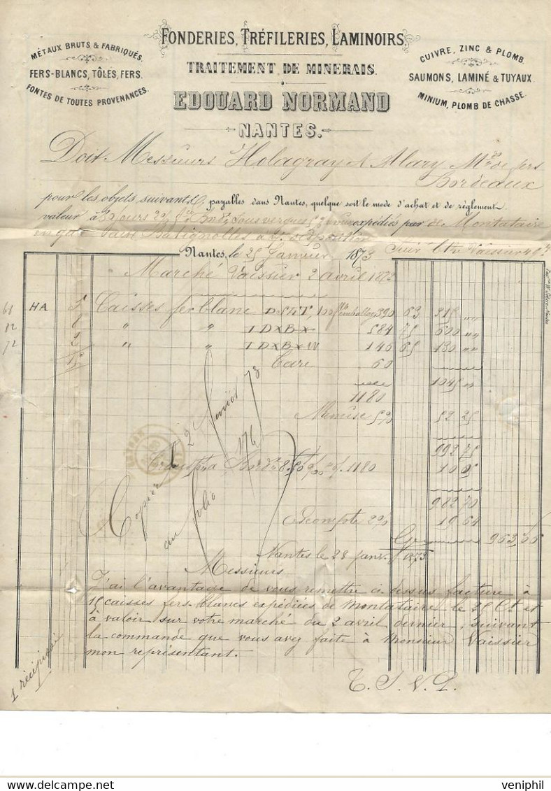 FACTURE  EDOUARD NORMAND - TRAITEMENT DE MINERAIS -NANTES - ANNEE 1873- AFFRANCHIE N° 60 CAD NANTES  2602 - 1800 – 1899