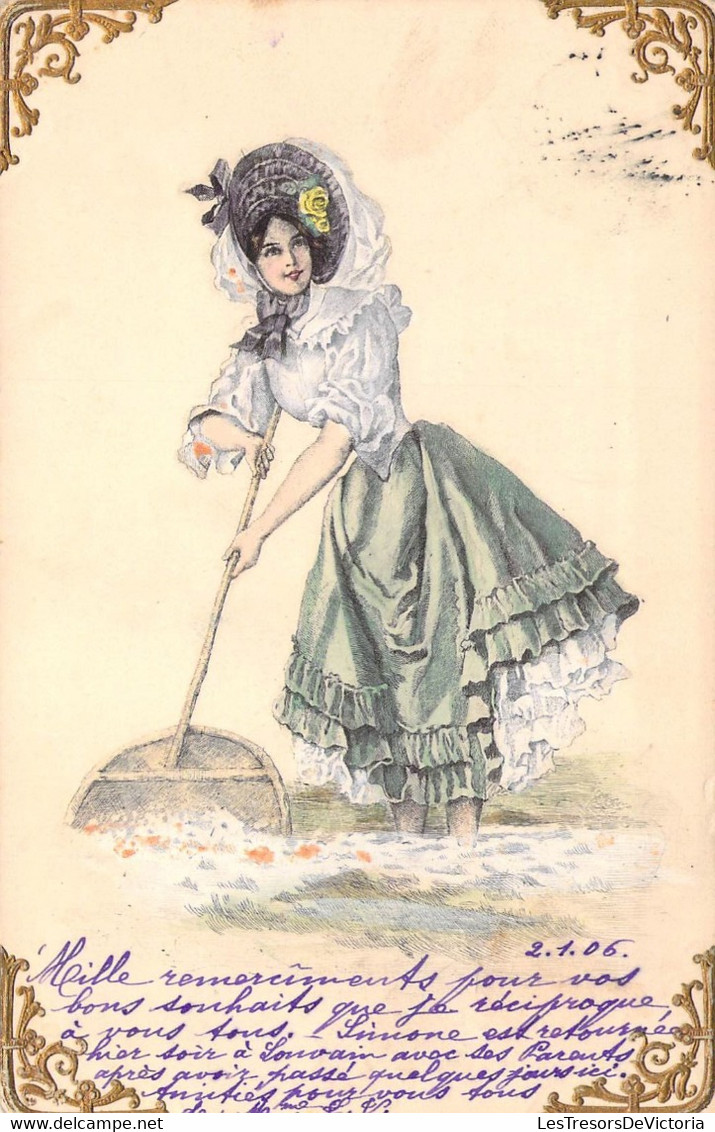 Fantaisies - Jeune Femme Au Chapeau Qui Ramasse Le Sel - Dorure - Oblitéré Anvers - Carte Postale Ancienne - Women