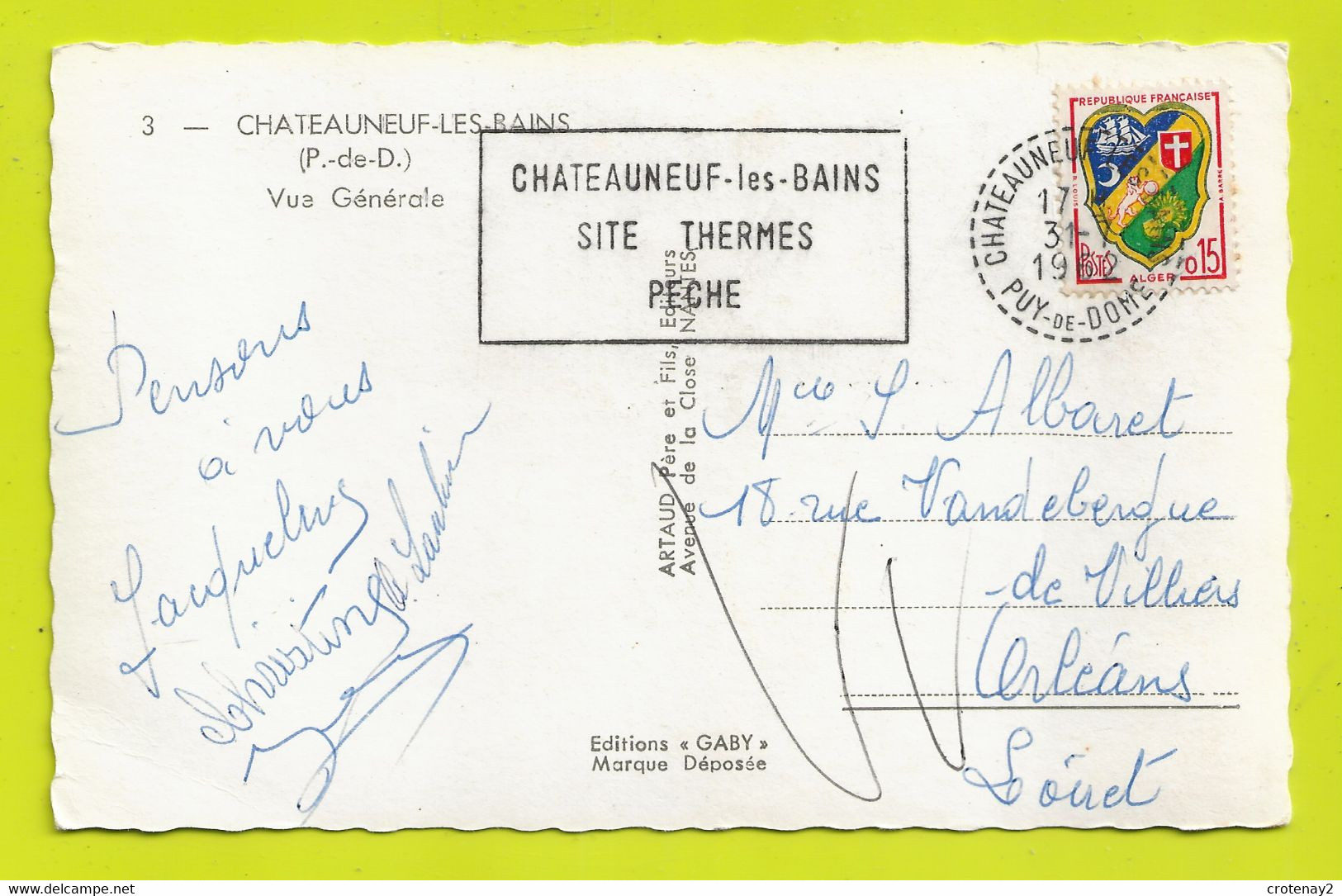 63 CHATEAUNEUF LES BAINS Vers Saint Gervais D'Auvergne N°3 Vue Générale VOIR DOS Et Flamme En 1962 - Saint Gervais D'Auvergne