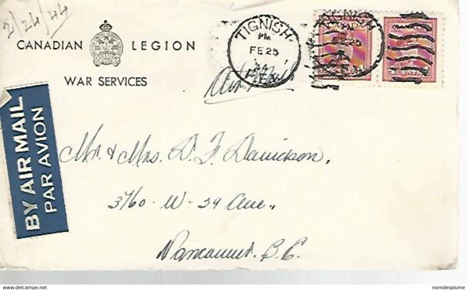 57784) Canada Tignish 1944 Postmark Cancel Duplex  R.C.A.F. Military Mail Air Mail War Services - Luftpost