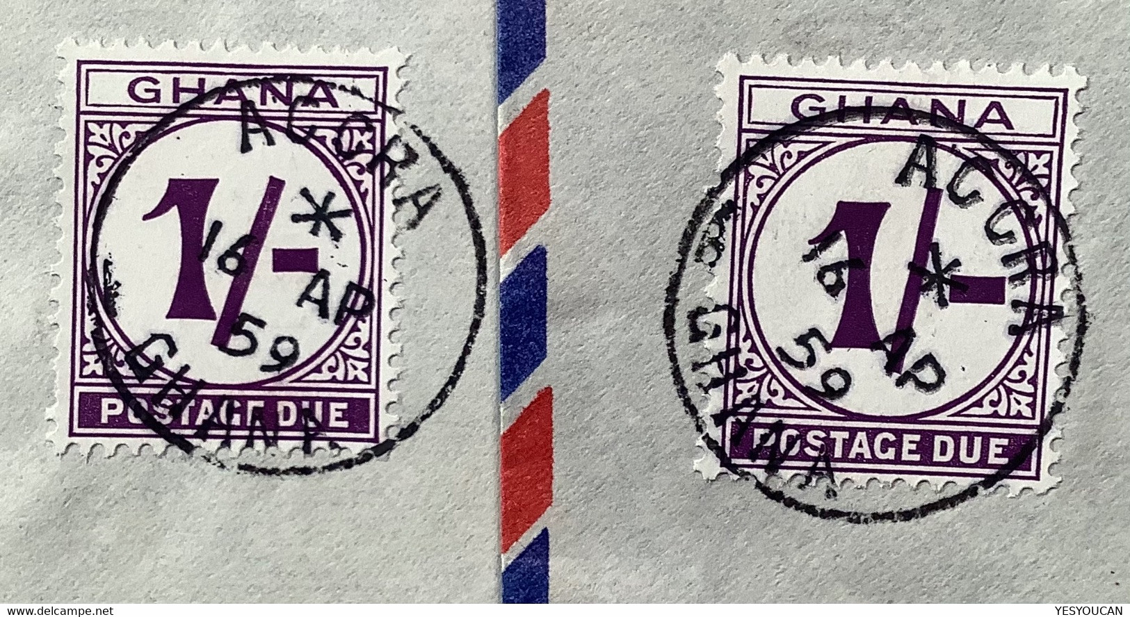 Ghana Postage Due 1958 Rare 1s UPRIGHT STROKE FLAW On Cover Accra 1959 + Normal. SG D18c UNRECORDED USED ! (Gold Coast - Ghana (1957-...)