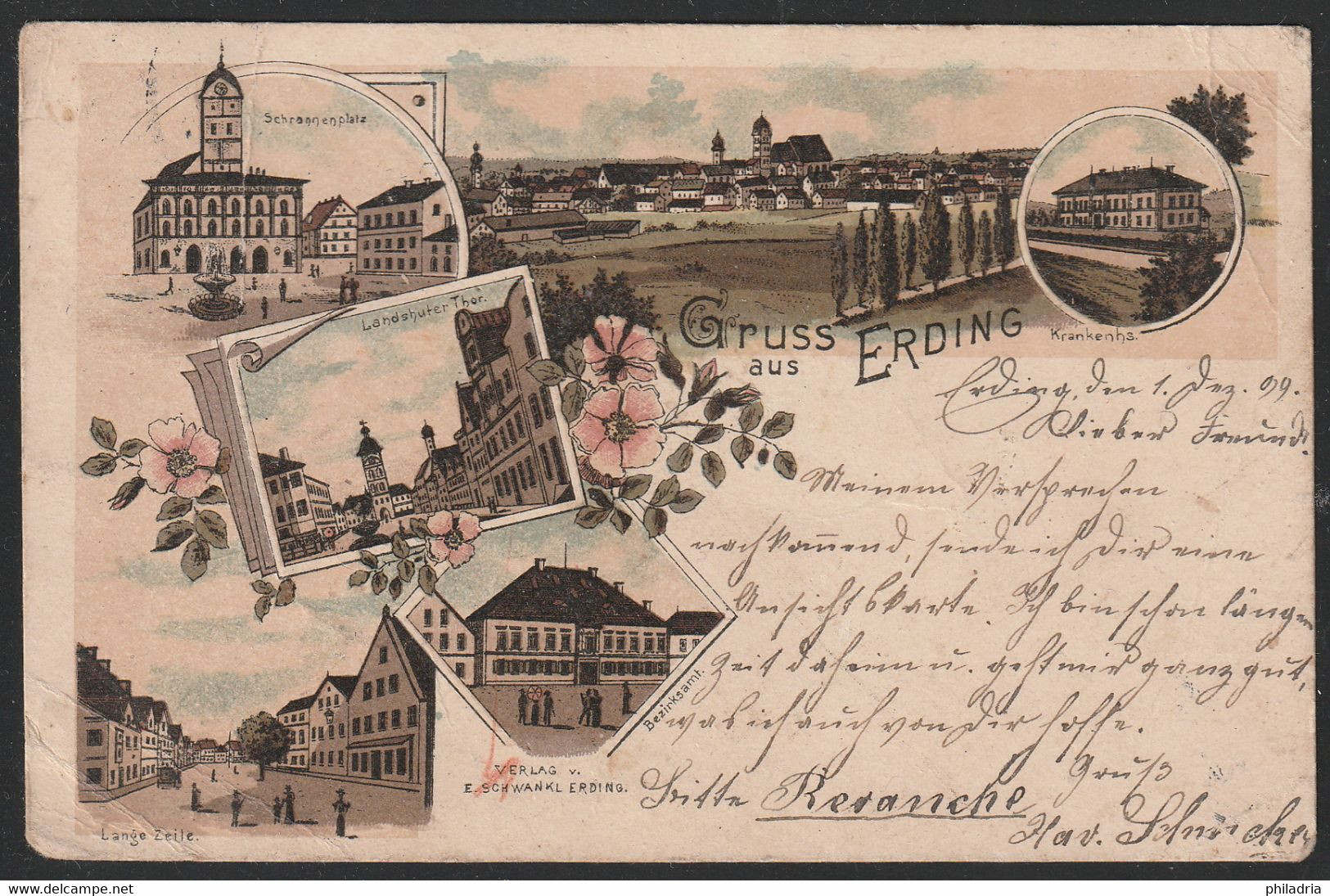 Erding, Colour Litho, Mailed 1899, Creased Corners - Erding