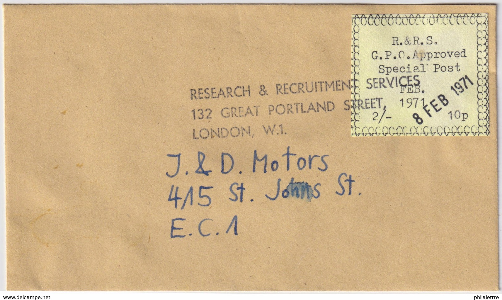 GREAT BRITAIN - February 1971 Postal Strike R.&R.S. 2/- (10p) Label On Cover To London EC1 - Covers & Documents