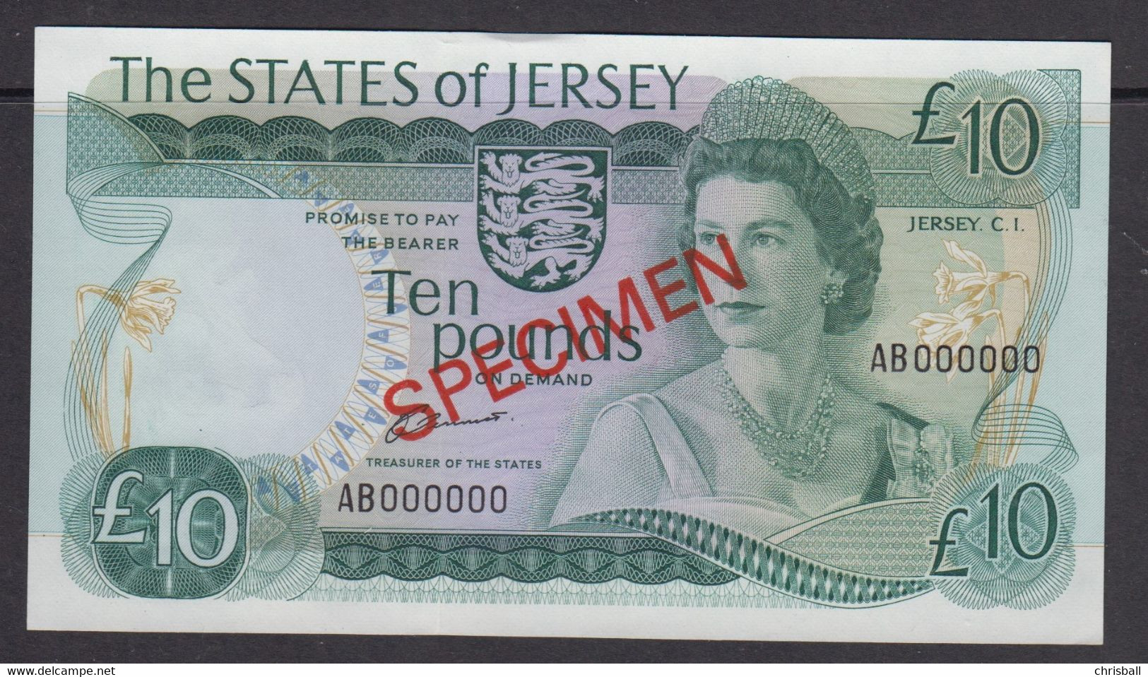 Jersey Banknote Ten Pound (Pick 13as)  SPECIMEN Overprint Code AB - Superb UNC Condition - Jersey