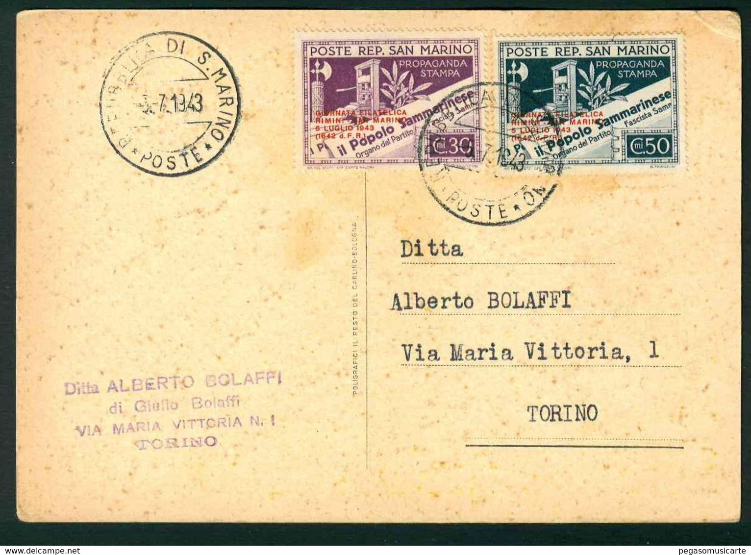 CLT002 - II° GIORNATA FILATELICA RIMINI SAN MARINO - 1943 - INDIRIZZATA A BOLAFFI TORINO - STORIA POSTALE - Bourses & Salons De Collections