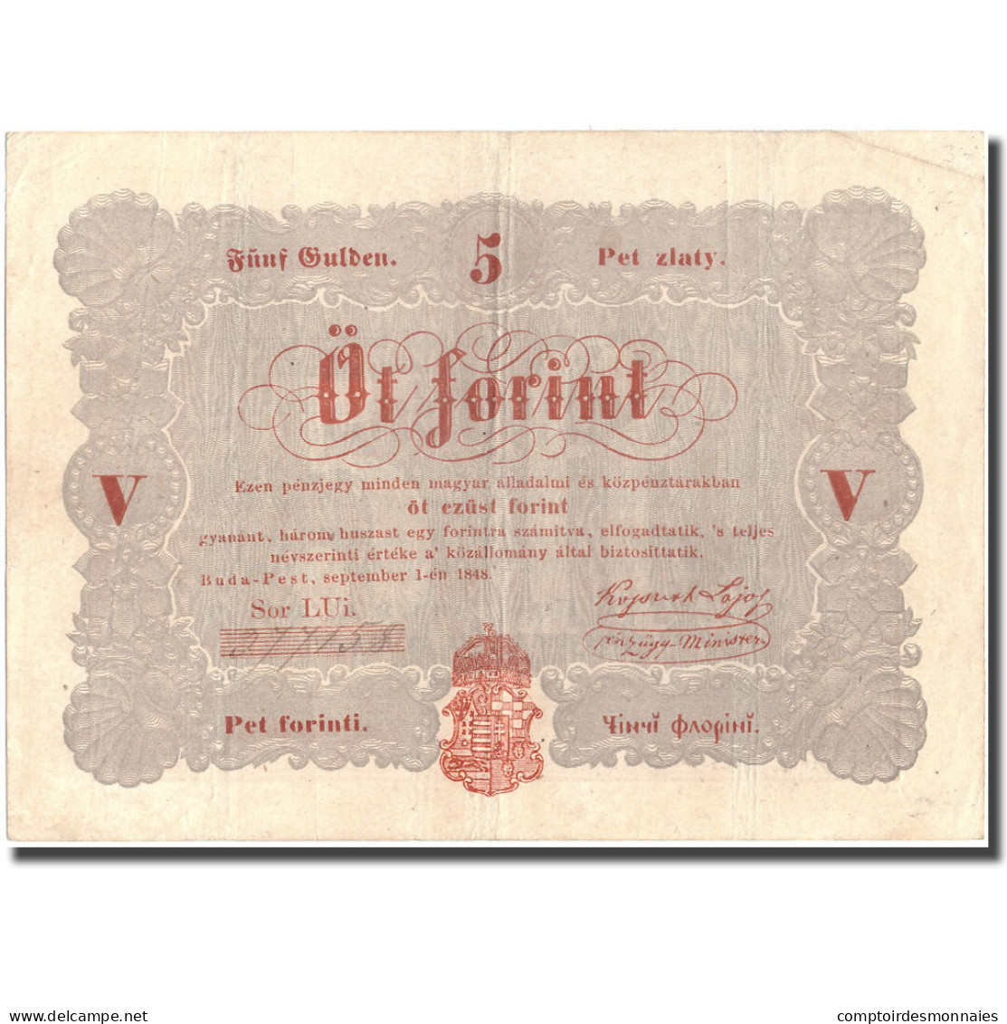 Billet, Hongrie, 5 Forint, 1848, 1848-09-01, KM:S116a, TTB - Hongrie