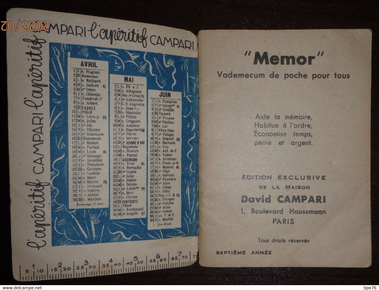 Petit Calendrier De Poche  Memor Vademecum De Poche Pour Tous 1939 Apéritif Campari - 50 Pages - Petit Format : 1921-40