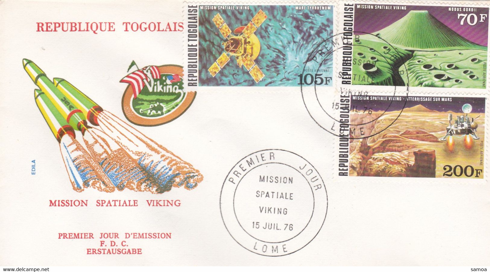 Togo FDC 1976 PA 289-91 Espace Mission Spatiale Viking Sur Mars - Afrique