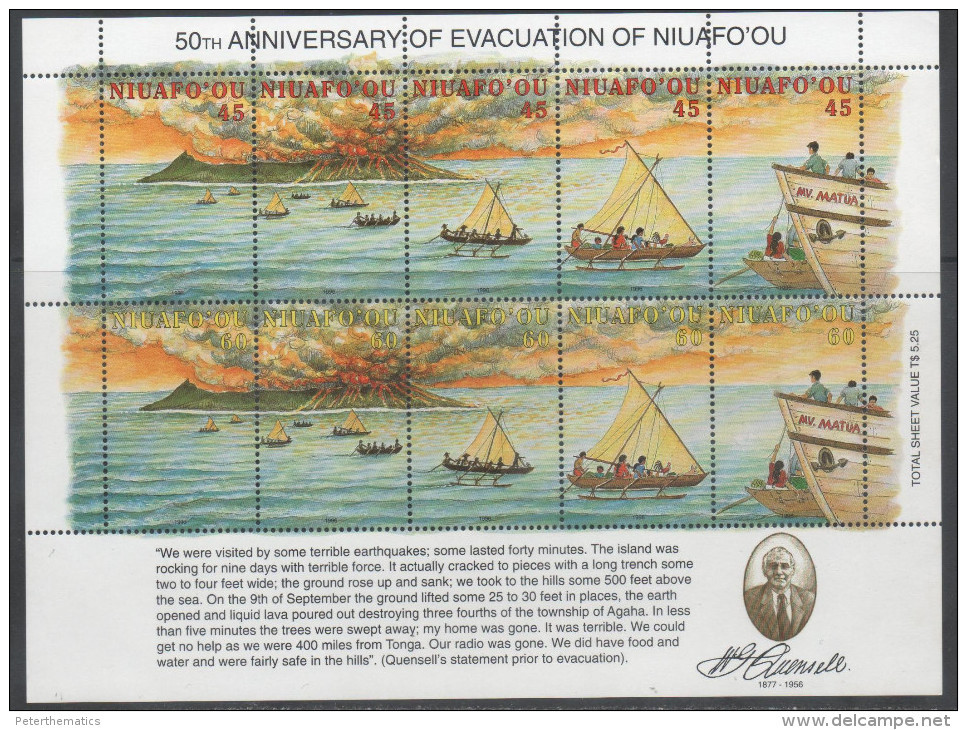NIUAFO'OU, 1996 , MNH,EVACUATION ANNIVERSARY , VOLCANOS, ERUPTIONS, CANOES, SHIPS, SHEETLET OF 2 SETS - Volcans